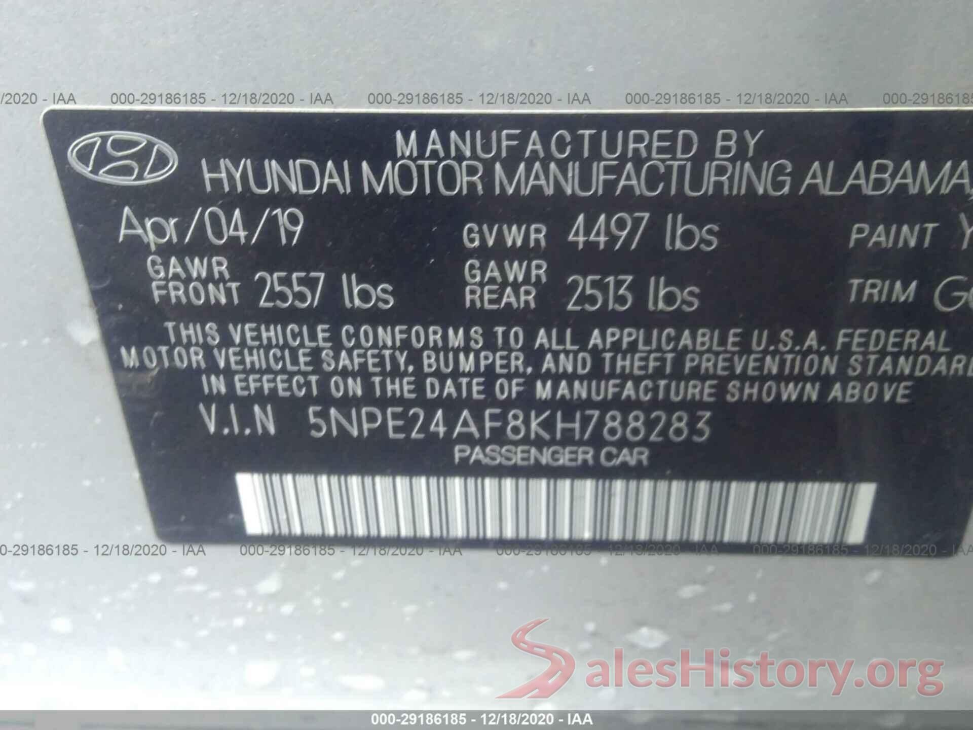 5NPE24AF8KH788283 2019 HYUNDAI SONATA