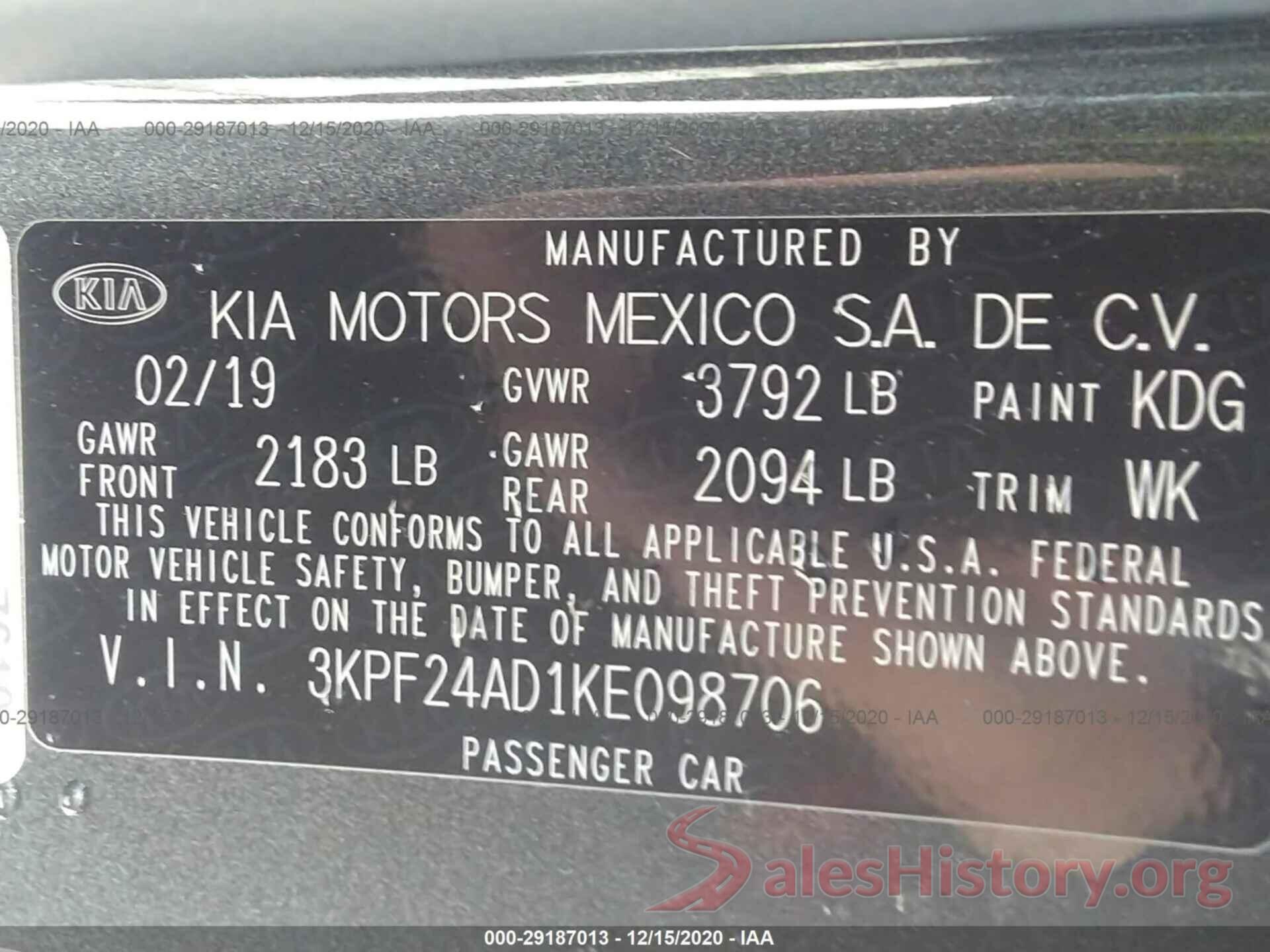 3KPF24AD1KE098706 2019 KIA FORTE