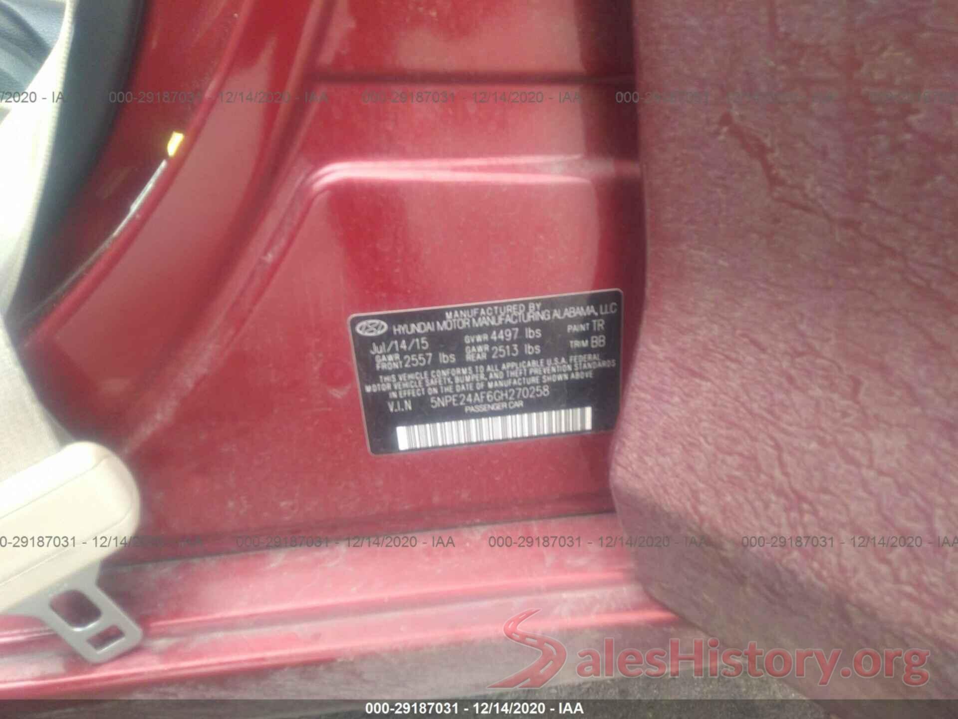 5NPE24AF6GH270258 2016 HYUNDAI SONATA