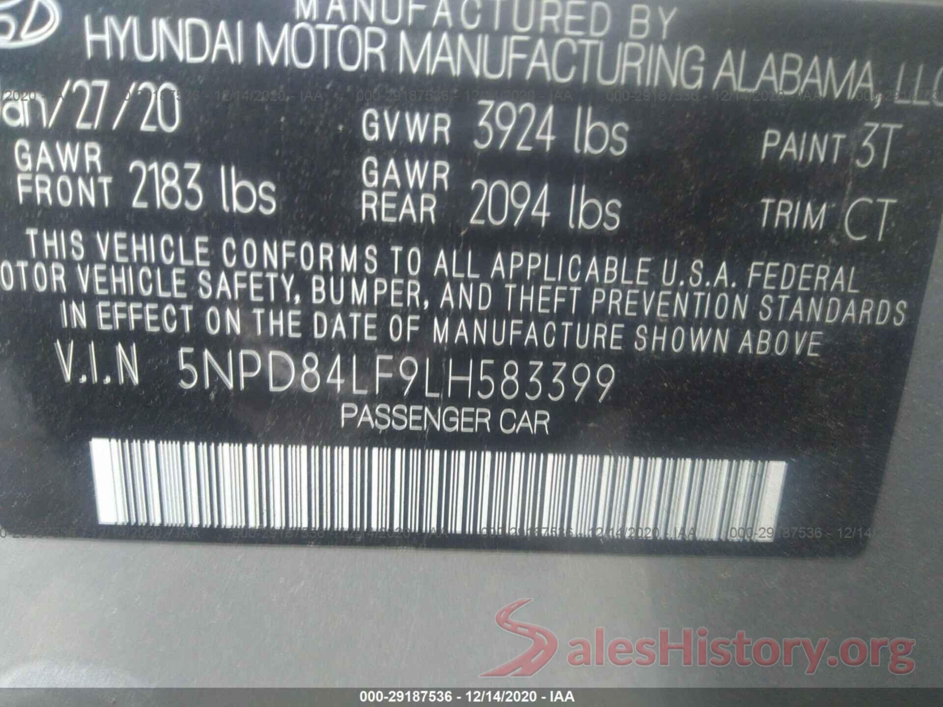 5NPD84LF9LH583399 2020 HYUNDAI ELANTRA