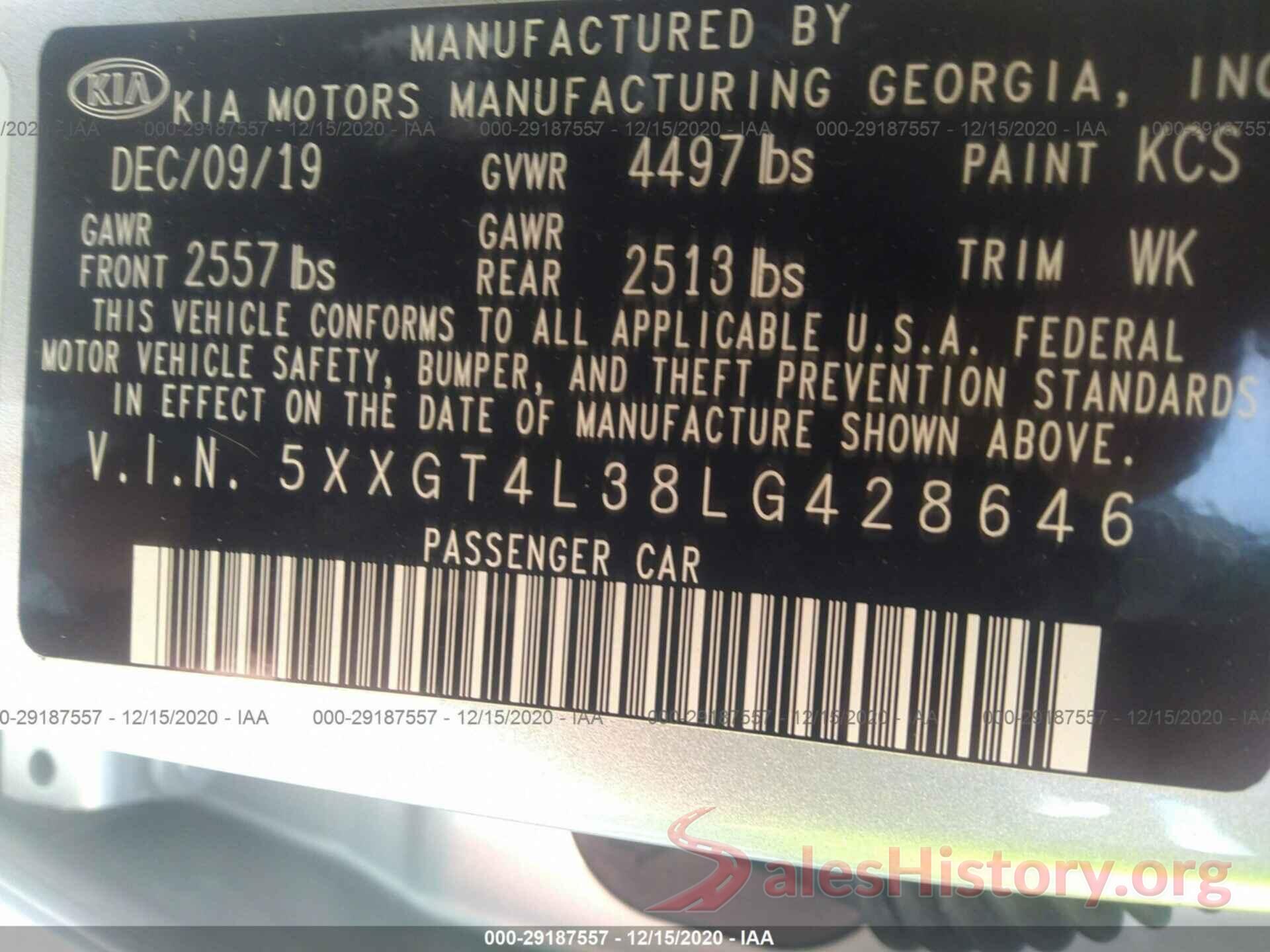 5XXGT4L38LG428646 2020 KIA OPTIMA