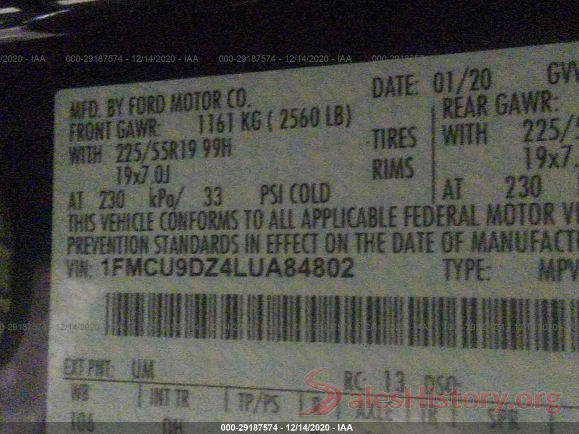 1FMCU9DZ4LUA84802 2020 FORD ESCAPE