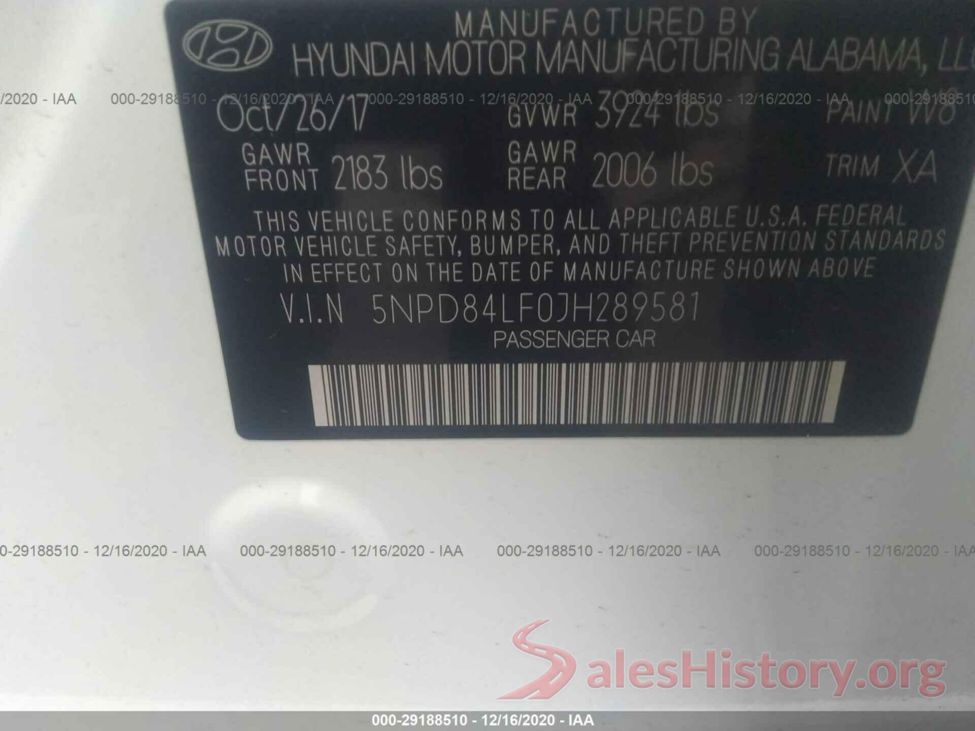 5NPD84LF0JH289581 2018 HYUNDAI ELANTRA