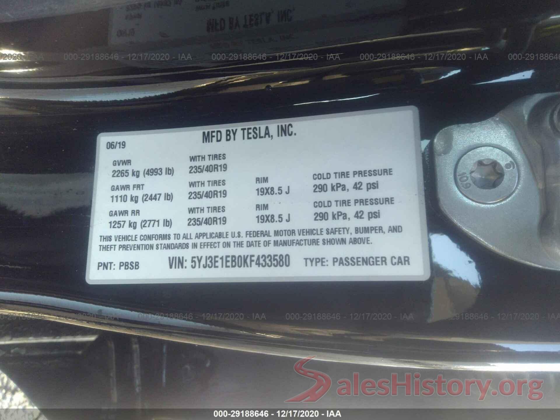 5YJ3E1EB0KF433580 2019 TESLA MODEL 3