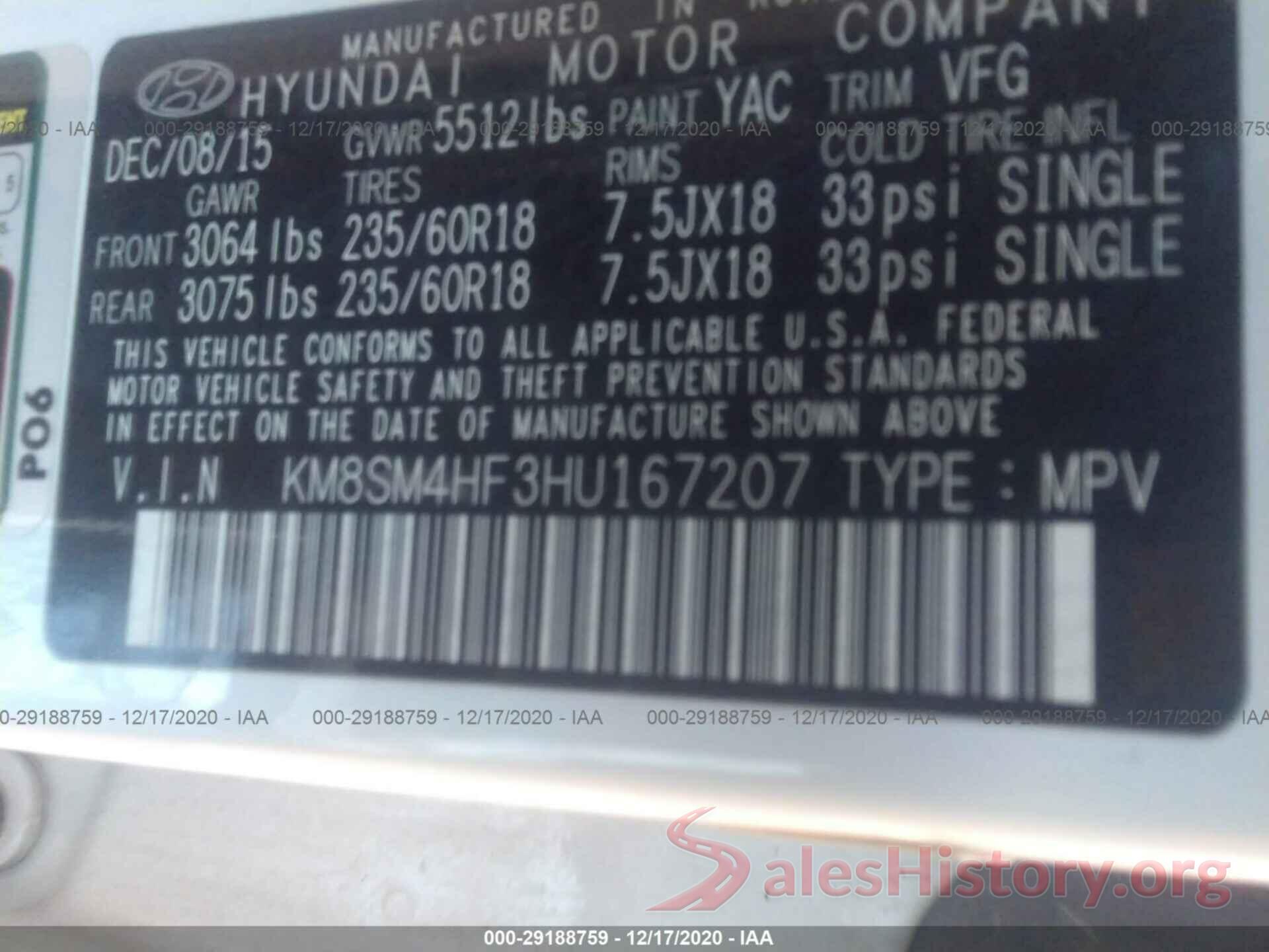 KM8SM4HF3HU167207 2017 HYUNDAI SANTA FE