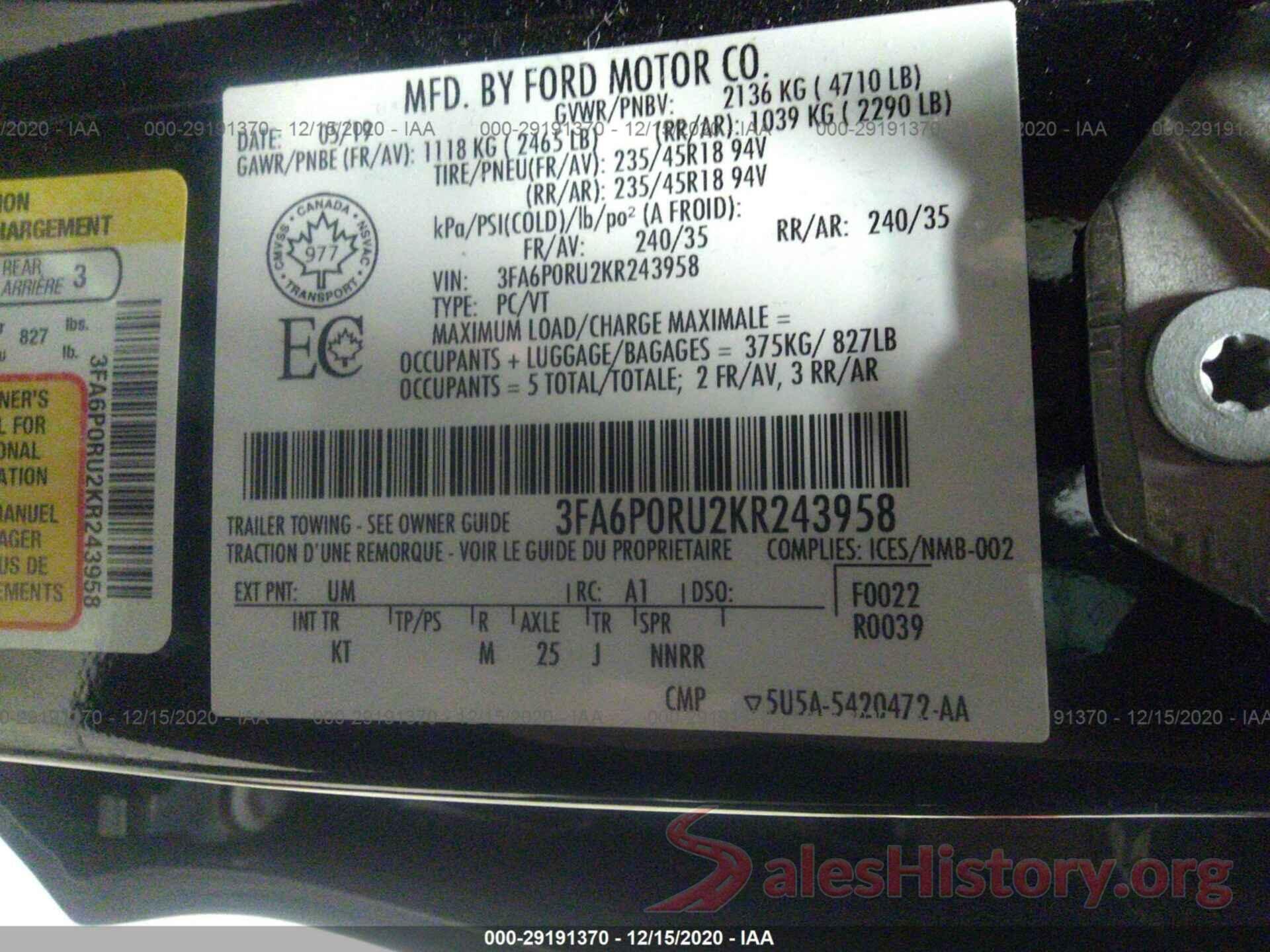 3FA6P0RU2KR243958 2019 FORD FUSION HYBRID