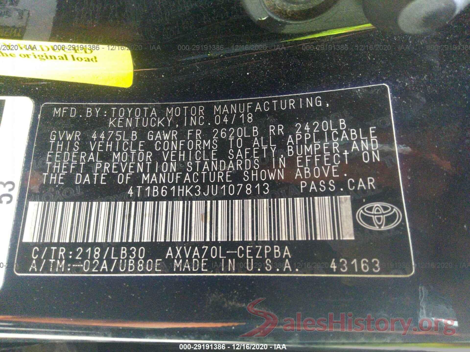 4T1B61HK3JU107813 2018 TOYOTA CAMRY