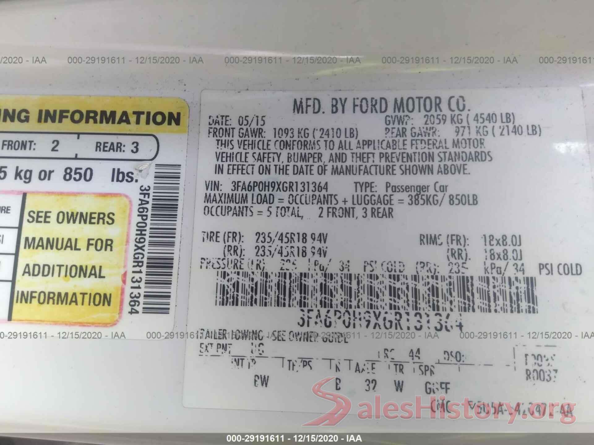 3FA6P0H9XGR131364 2016 FORD FUSION