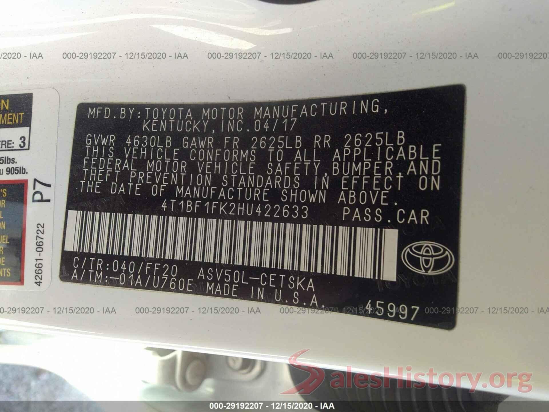 4T1BF1FK2HU422633 2017 TOYOTA CAMRY