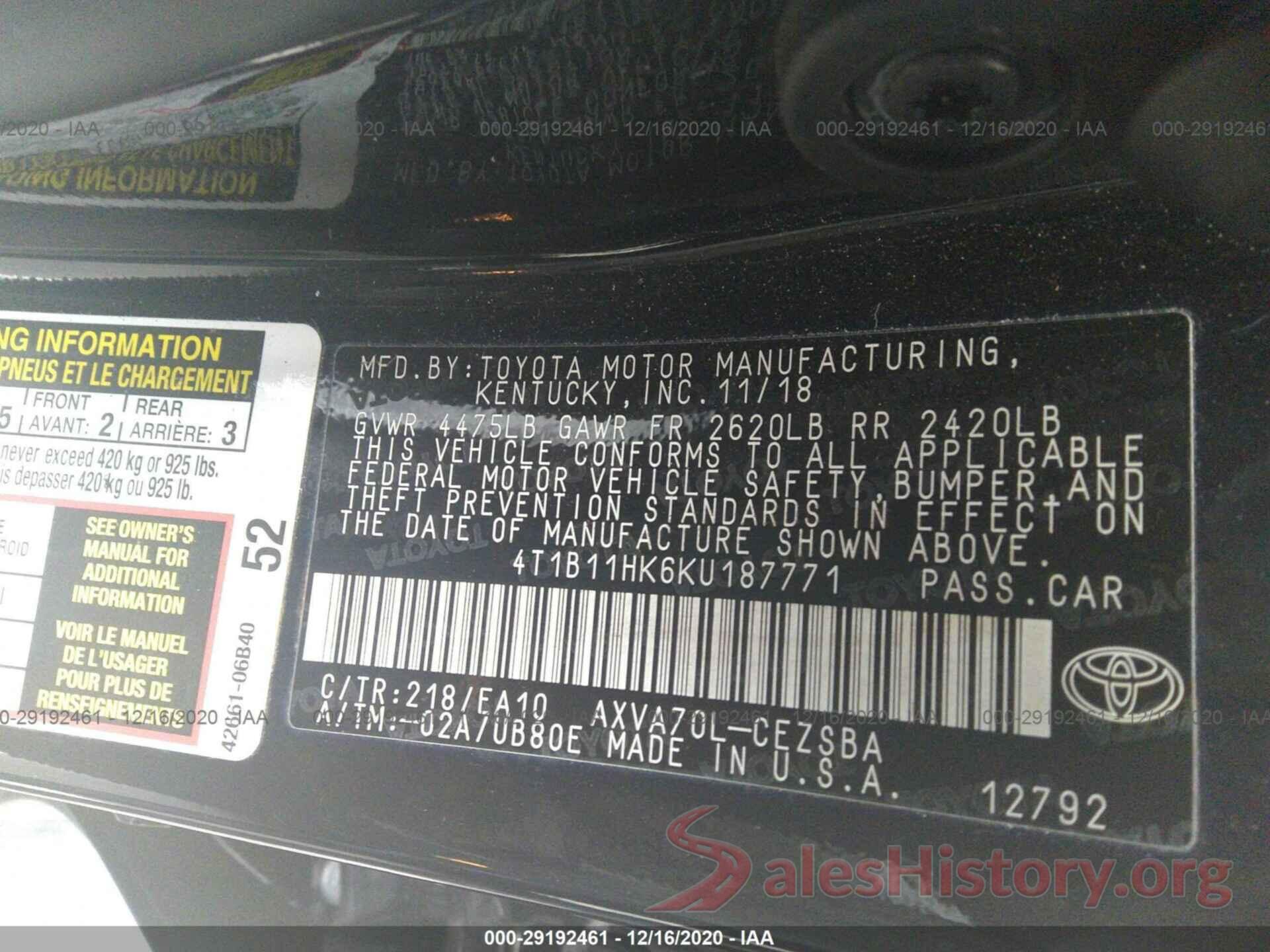 4T1B11HK6KU187771 2019 TOYOTA CAMRY