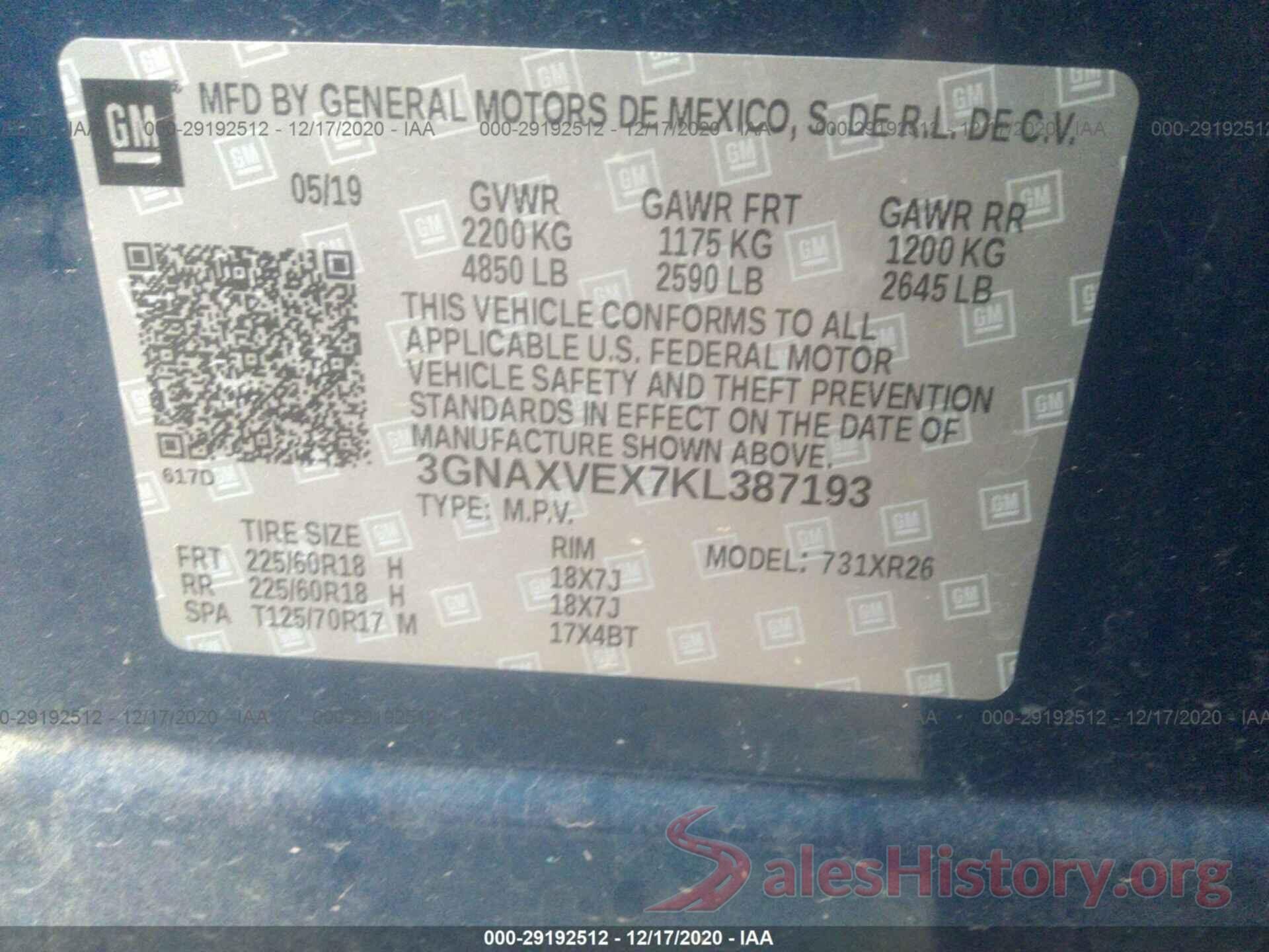 3GNAXVEX7KL387193 2019 CHEVROLET EQUINOX