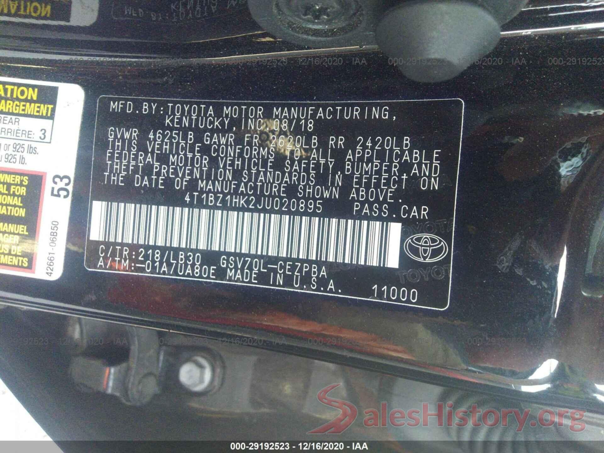 4T1BZ1HK2JU020895 2018 TOYOTA CAMRY