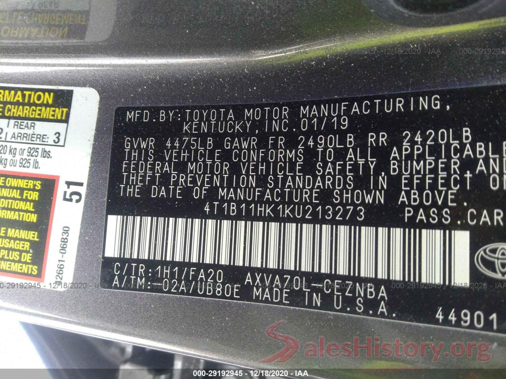 4T1B11HK1KU213273 2019 TOYOTA CAMRY