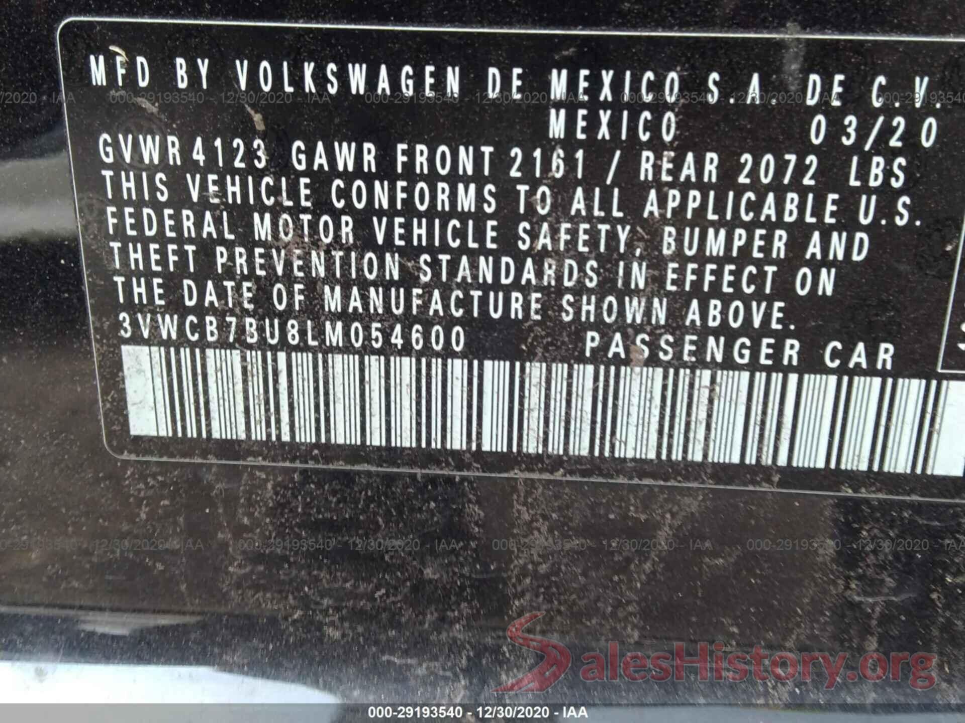 3VWCB7BU8LM054600 2020 VOLKSWAGEN JETTA