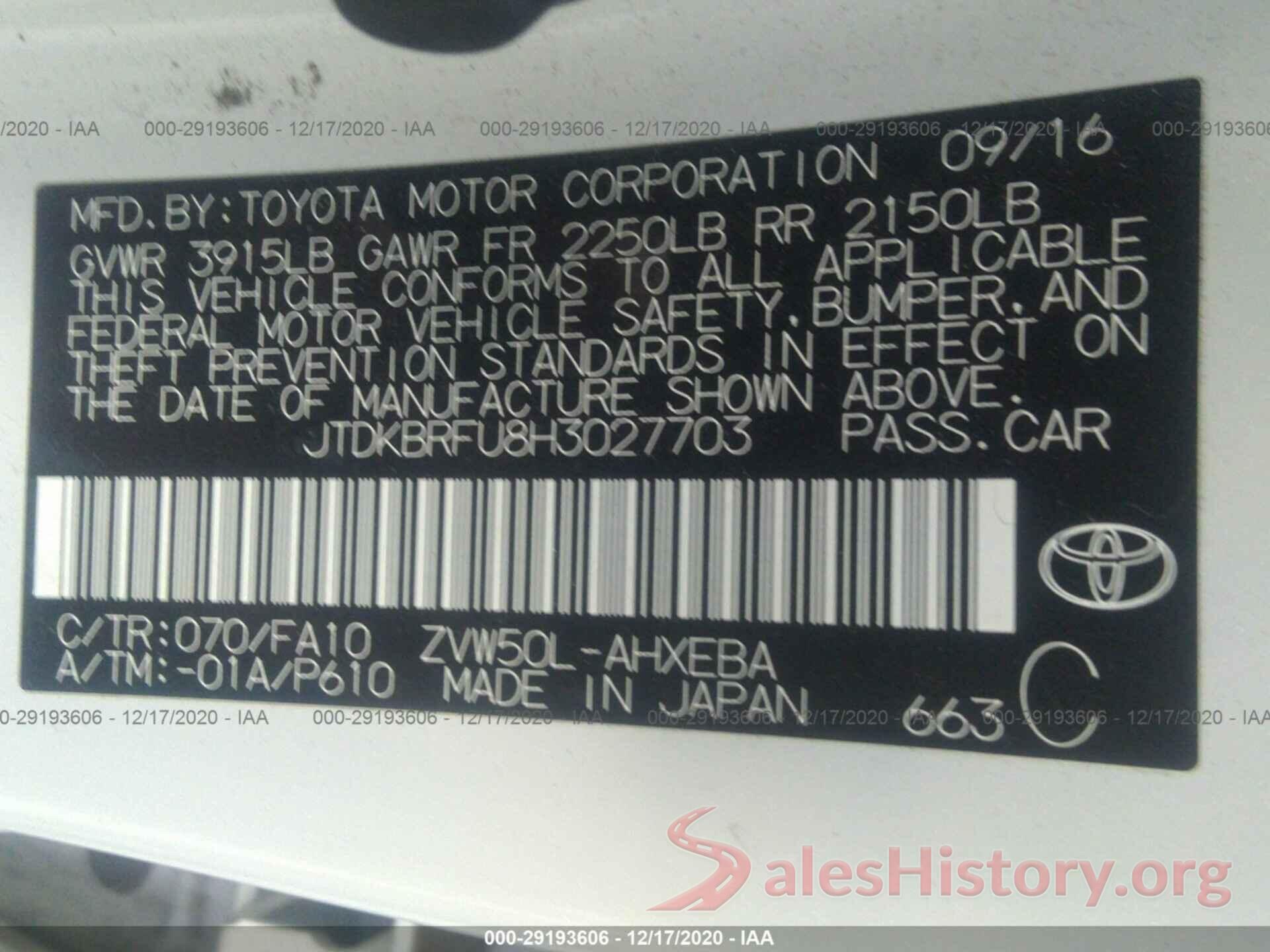 JTDKBRFU8H3027703 2017 TOYOTA PRIUS