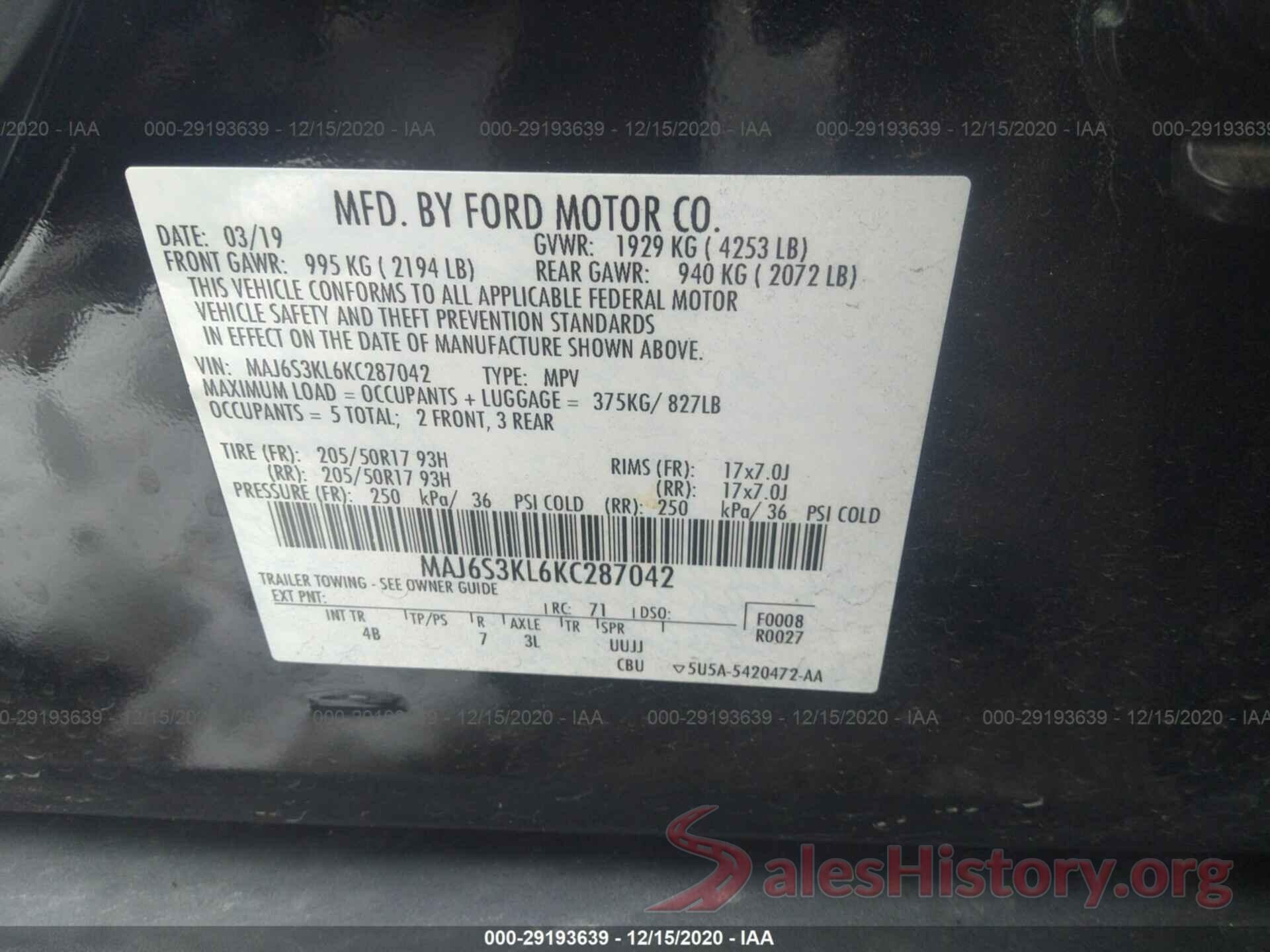 MAJ6S3KL6KC287042 2019 FORD ECOSPORT