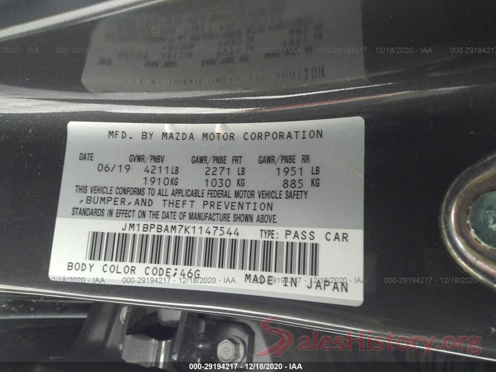 JM1BPBAM7K1147544 2019 MAZDA MAZDA3 SEDAN