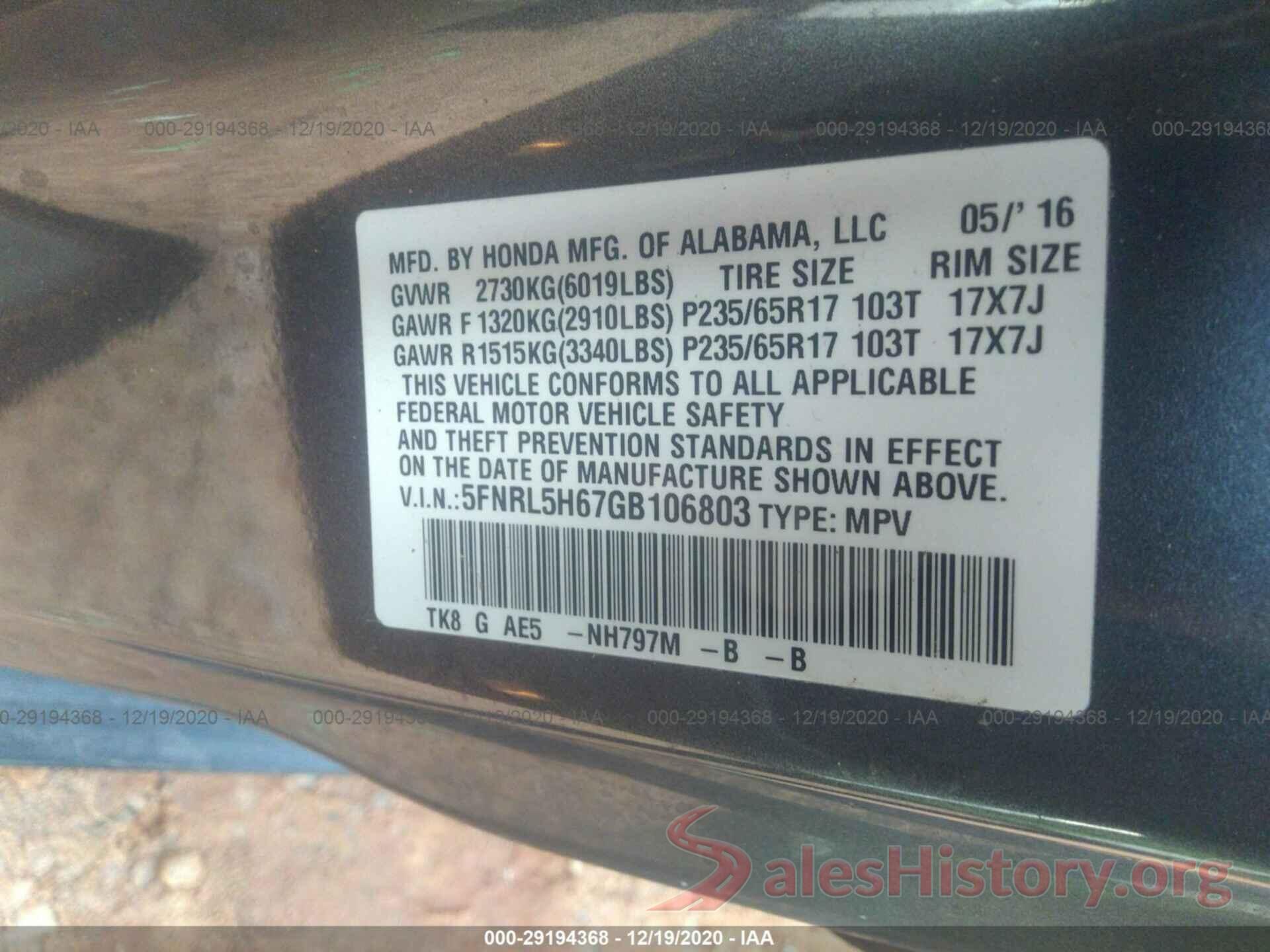 5FNRL5H67GB106803 2016 HONDA ODYSSEY