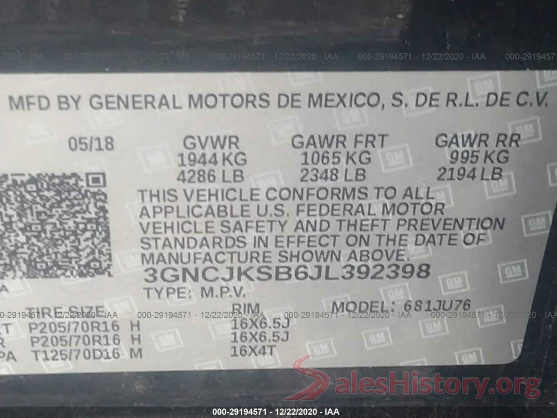 3GNCJKSB6JL392398 2018 CHEVROLET TRAX