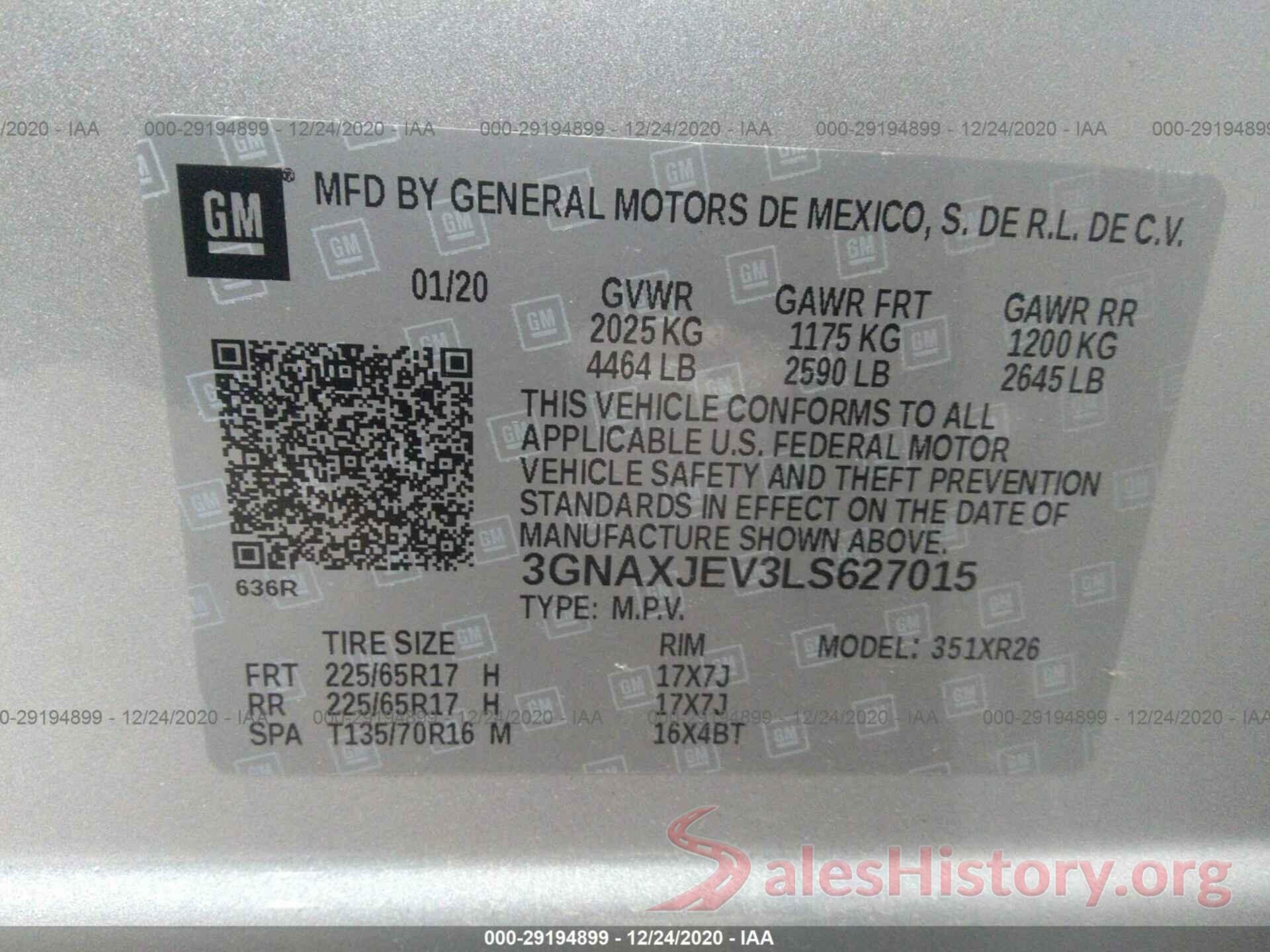 3GNAXJEV3LS627015 2020 CHEVROLET EQUINOX