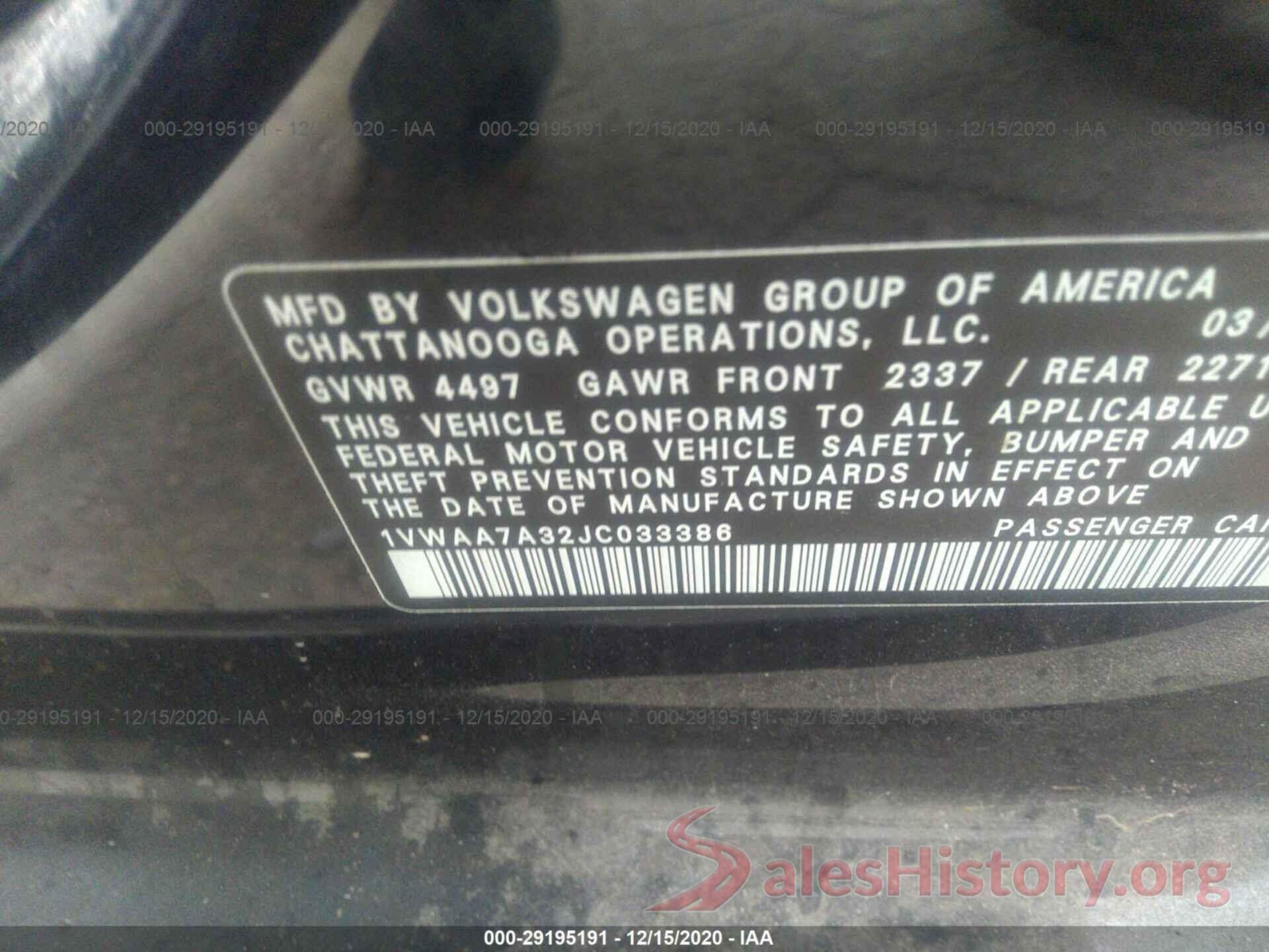 1VWAA7A32JC033386 2018 VOLKSWAGEN PASSAT