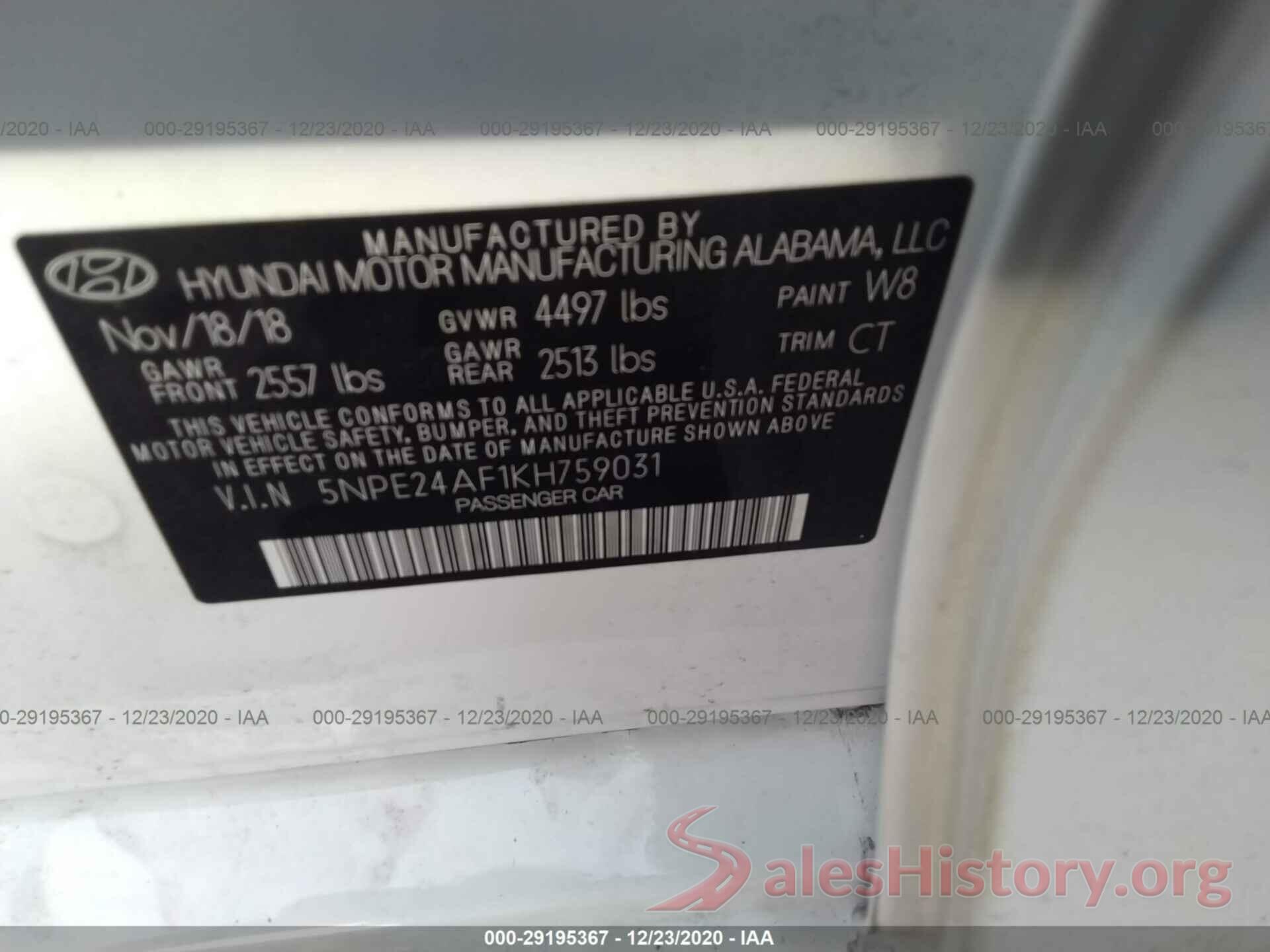 5NPE24AF1KH759031 2019 HYUNDAI SONATA