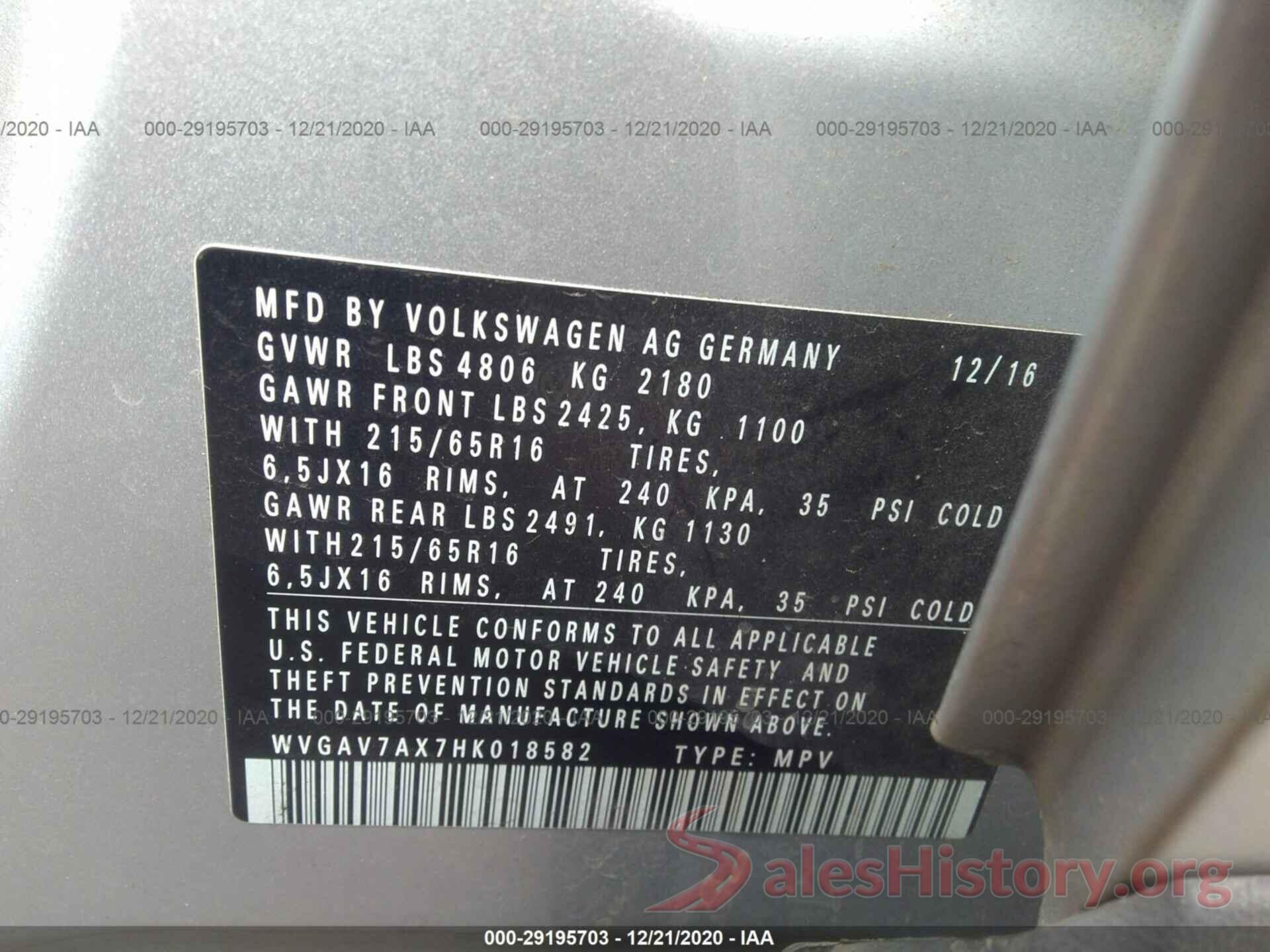 WVGAV7AX7HK018582 2017 VOLKSWAGEN TIGUAN