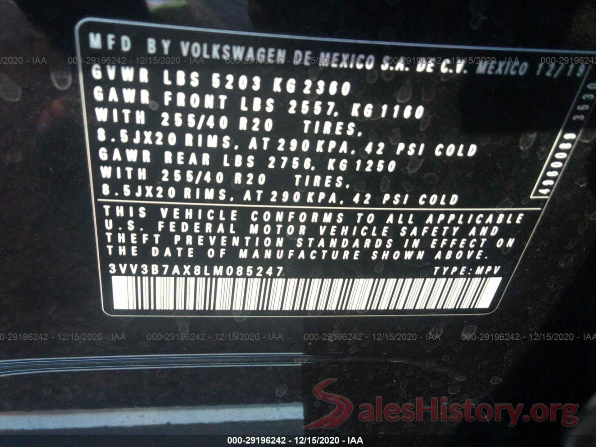 3VV3B7AX8LM085247 2020 VOLKSWAGEN TIGUAN