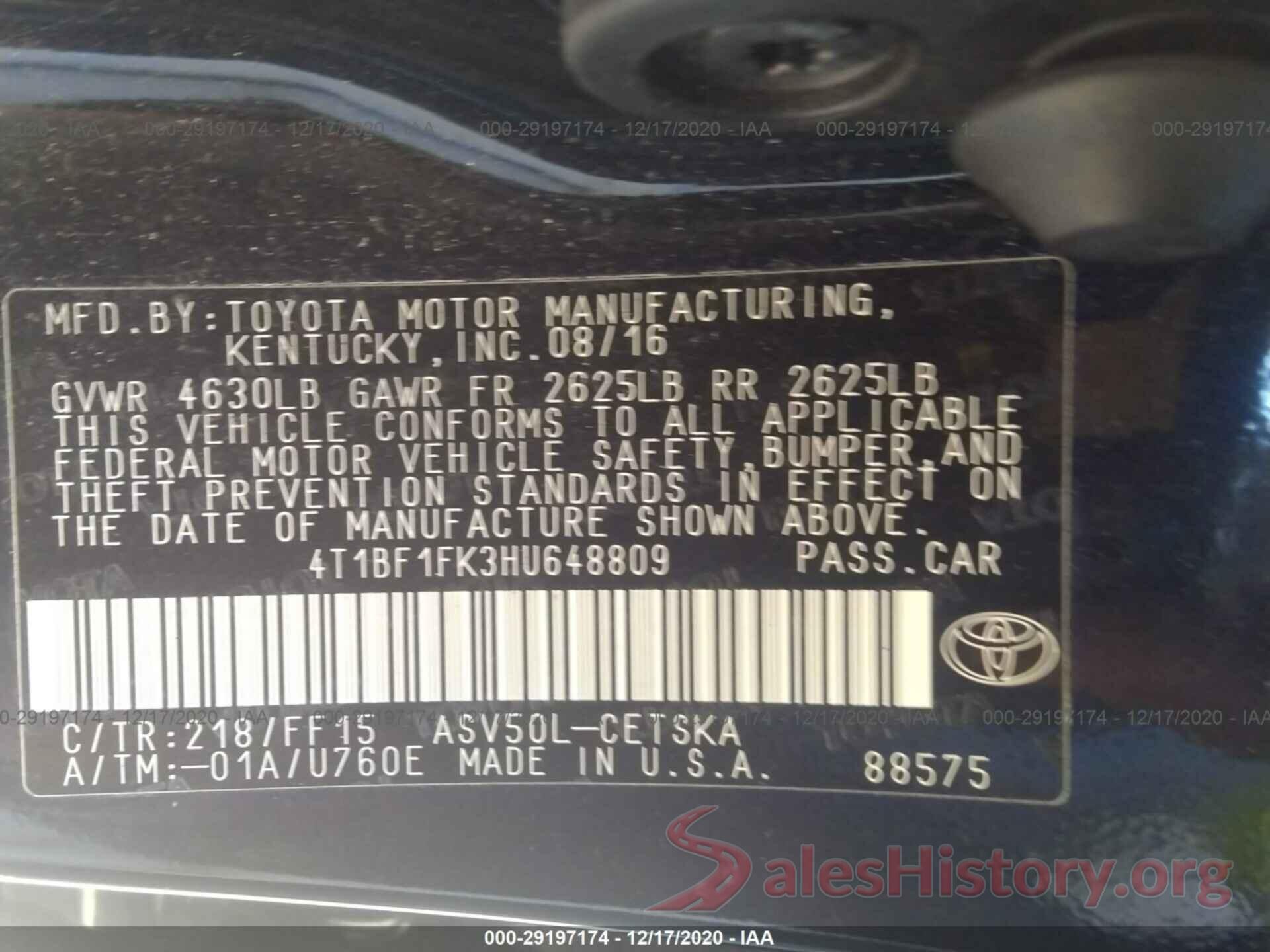 4T1BF1FK3HU648809 2017 TOYOTA CAMRY