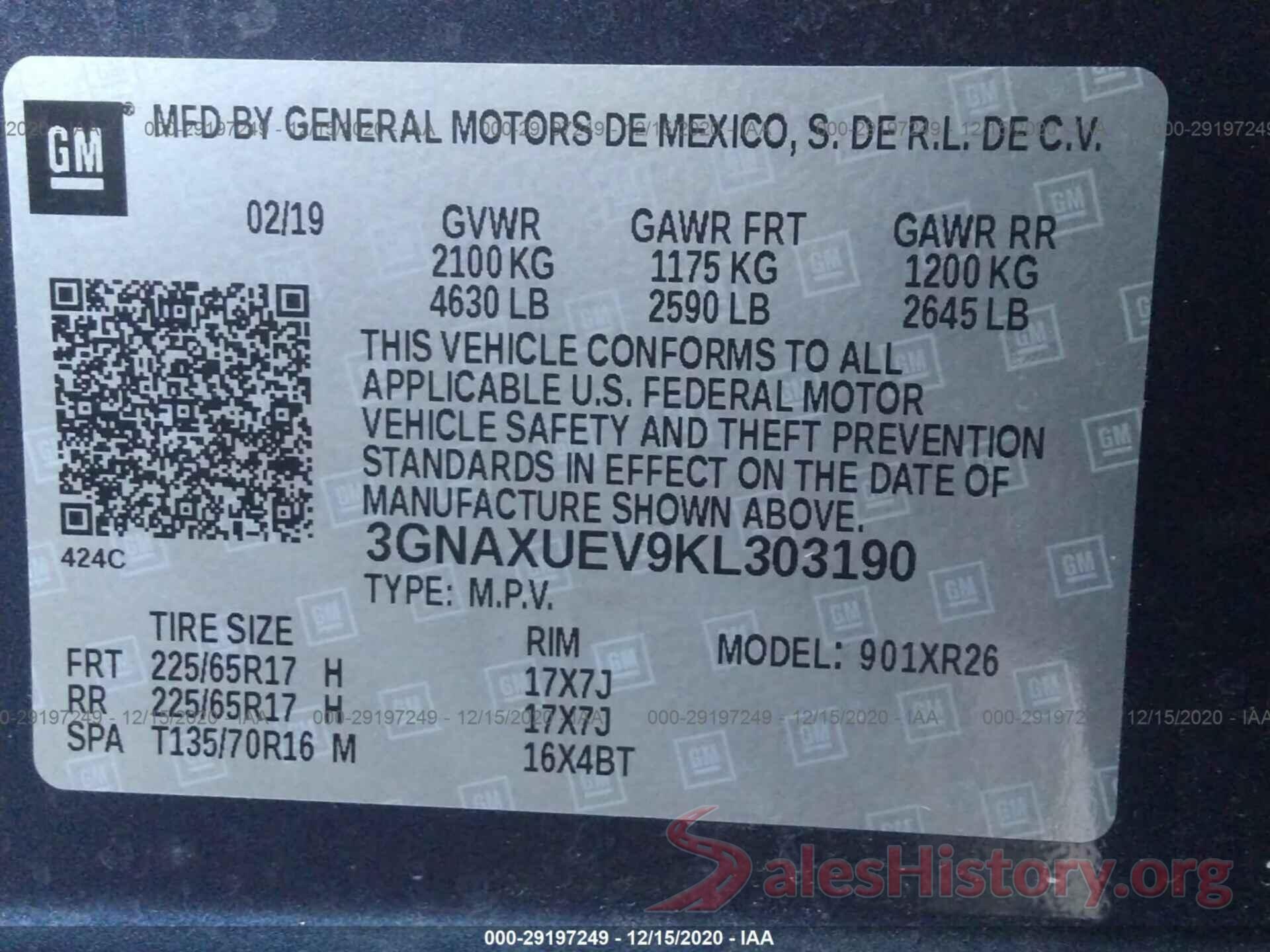 3GNAXUEV9KL303190 2019 CHEVROLET EQUINOX