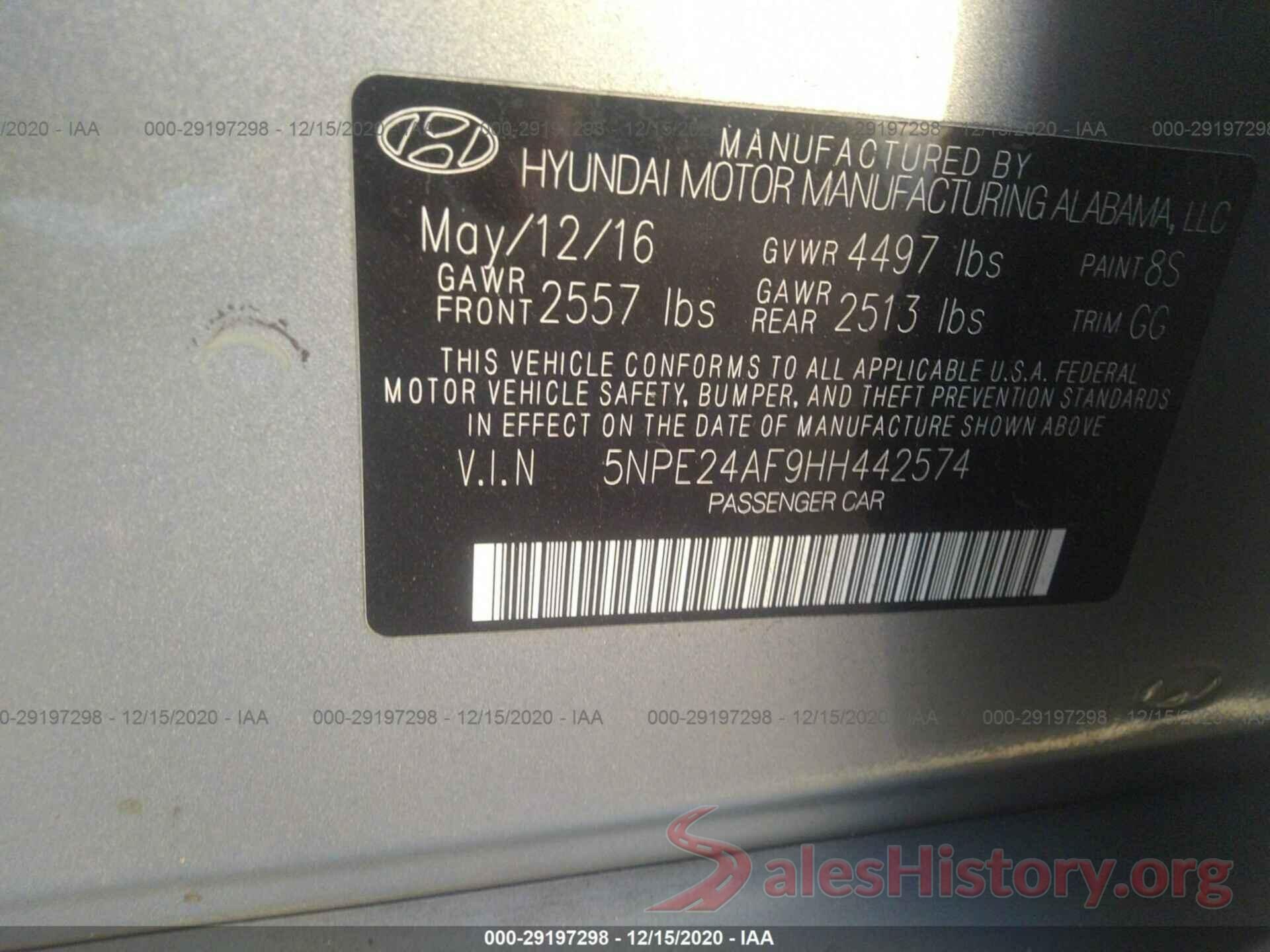 5NPE24AF9HH442574 2017 HYUNDAI SONATA