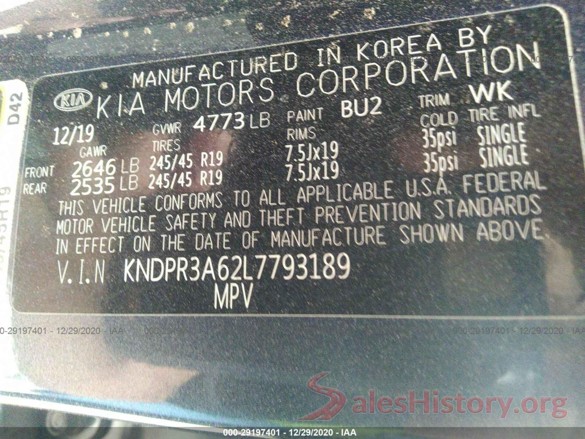 KNDPR3A62L7793189 2020 KIA SPORTAGE