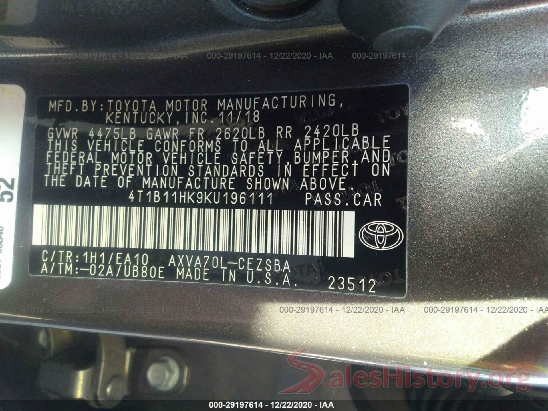 4T1B11HK9KU196111 2019 TOYOTA CAMRY