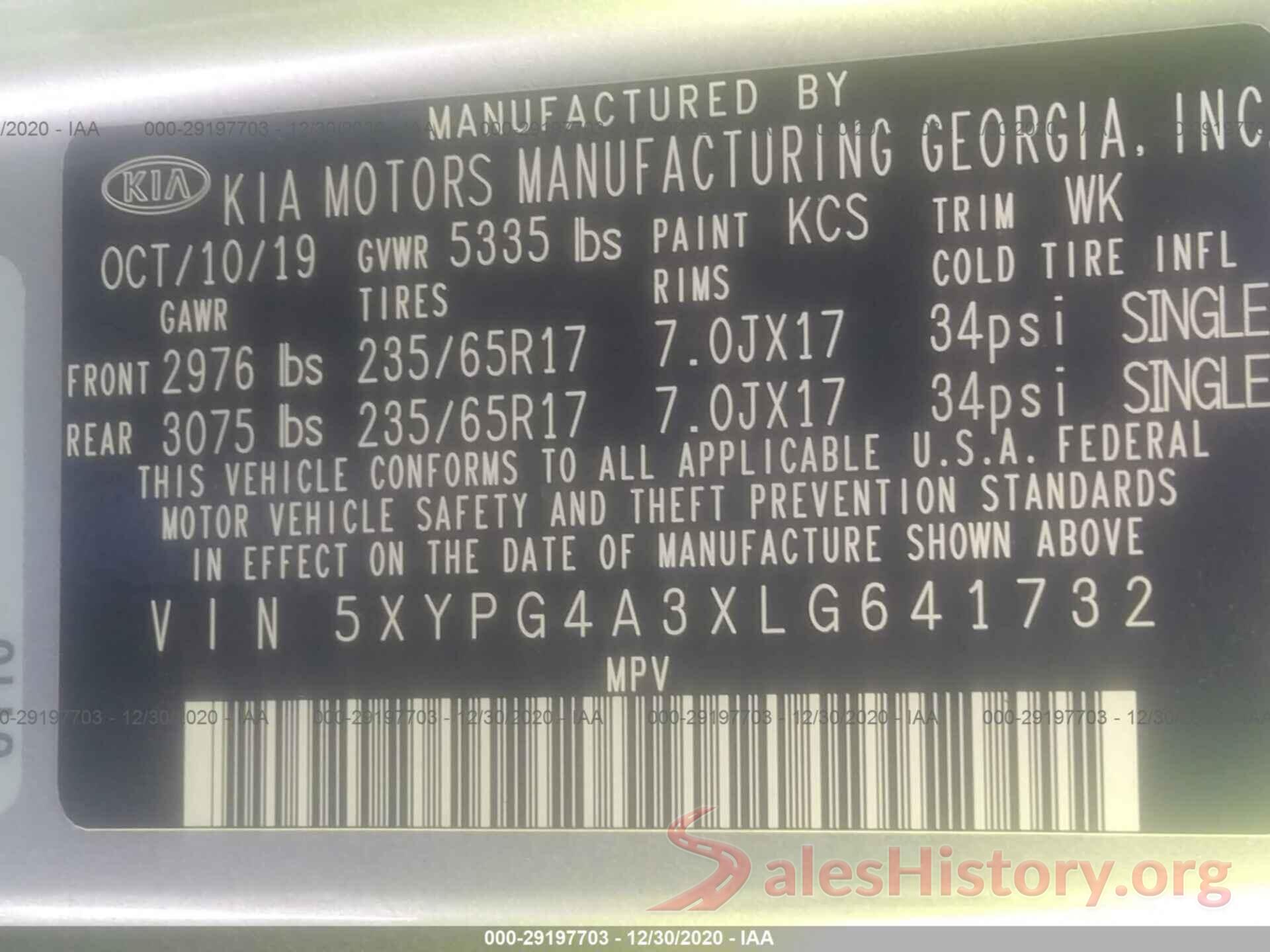 5XYPG4A3XLG641732 2020 KIA SORENTO