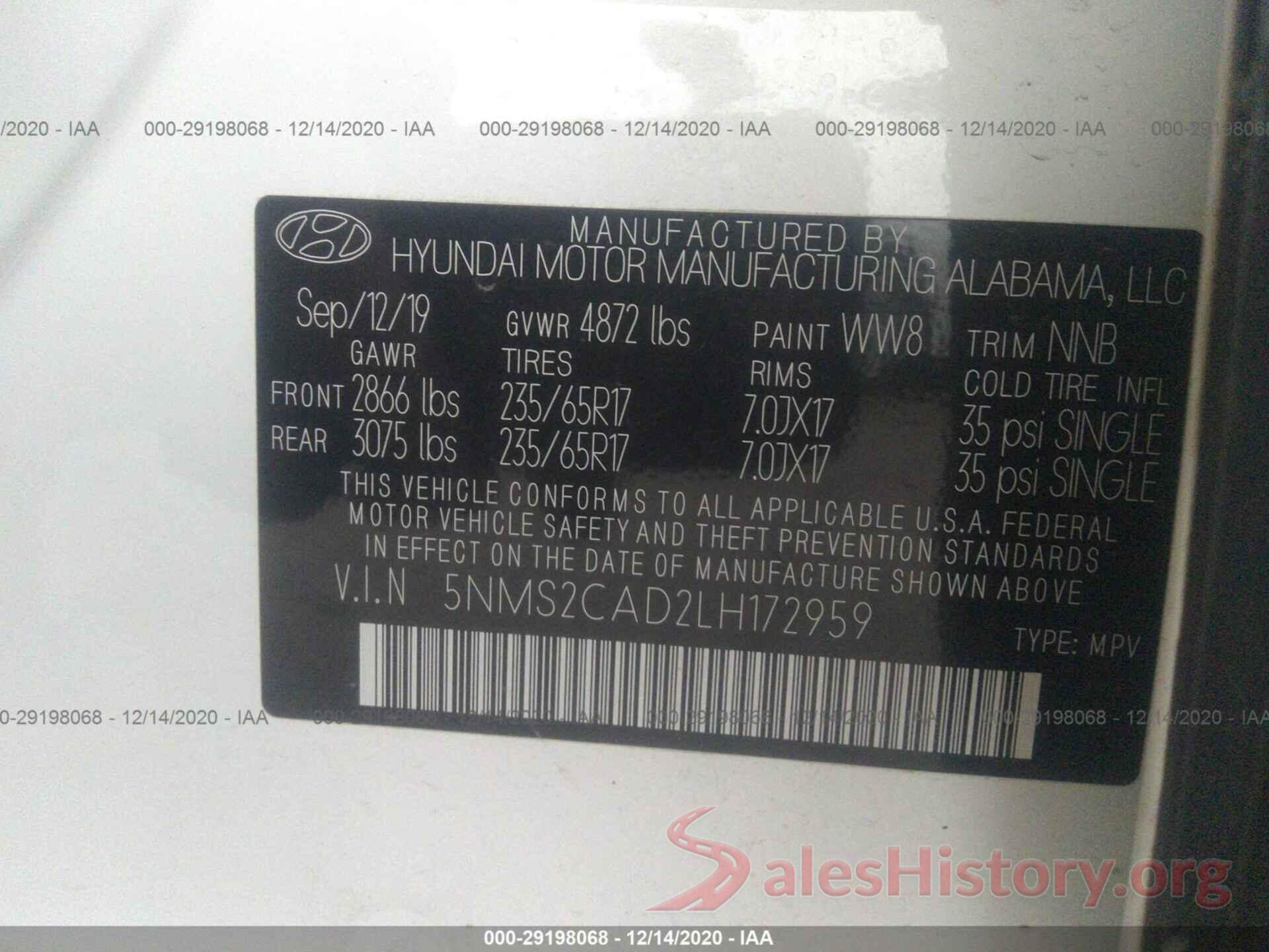 5NMS2CAD2LH172959 2020 HYUNDAI SANTA FE