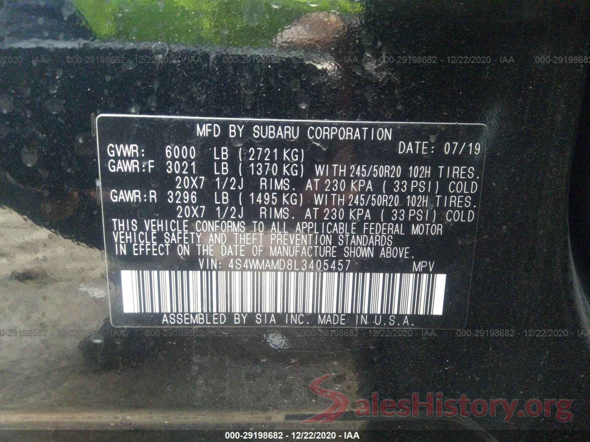 4S4WMAMD8L3405457 2020 SUBARU ASCENT