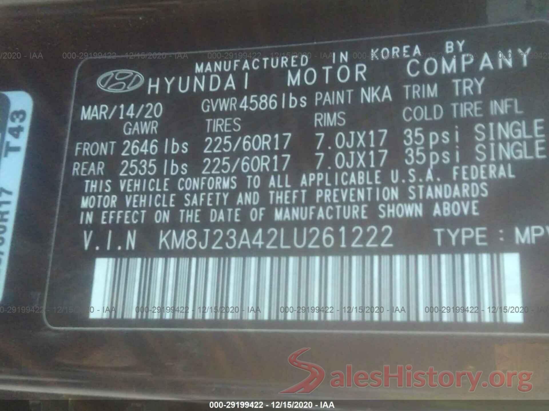 KM8J23A42LU261222 2020 HYUNDAI TUCSON