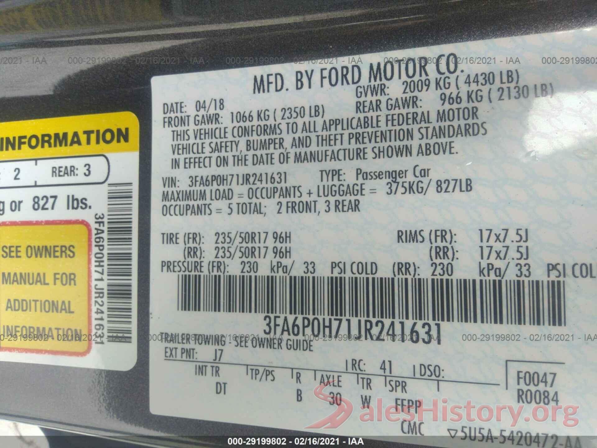 3FA6P0H71JR241631 2018 FORD FUSION