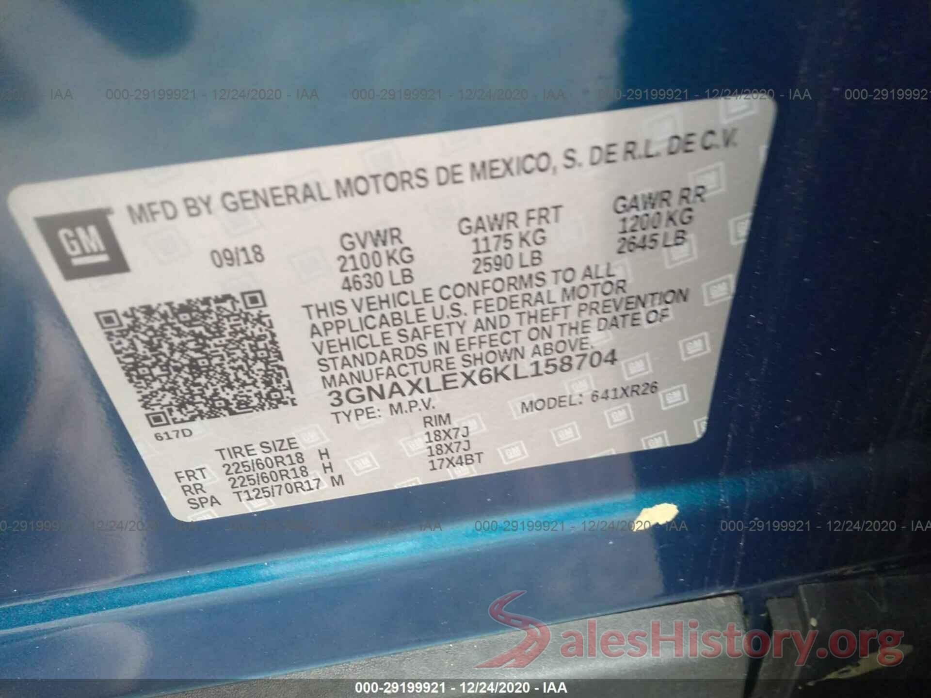 3GNAXLEX6KL158704 2019 CHEVROLET EQUINOX