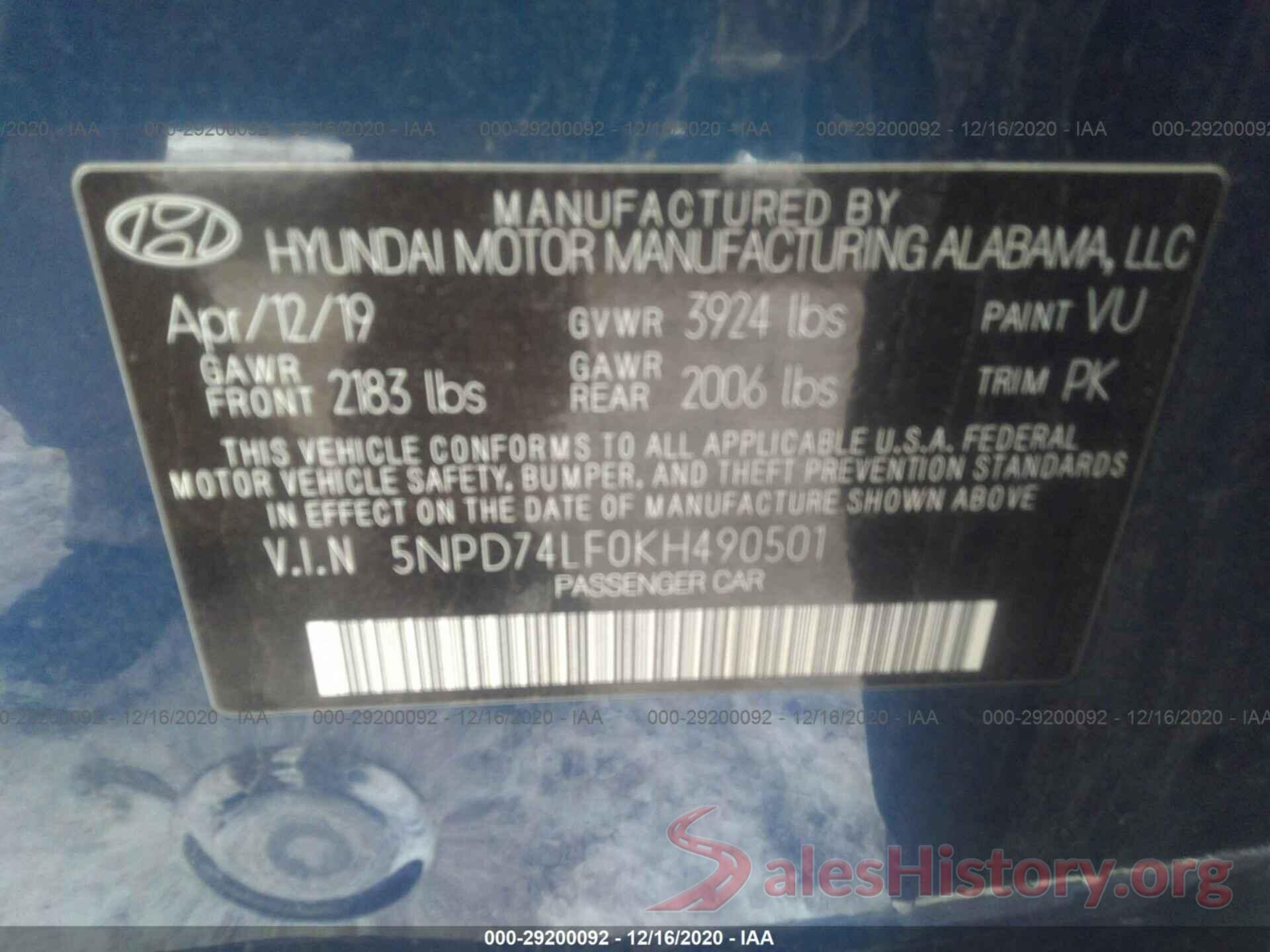 5NPD74LF0KH490501 2019 HYUNDAI ELANTRA