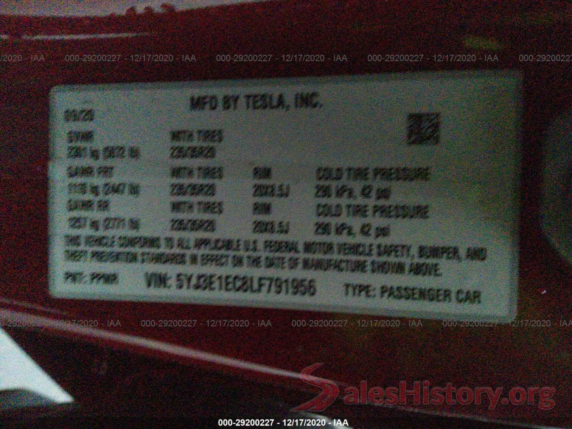 5YJ3E1EC8LF791956 2020 TESLA MODEL 3