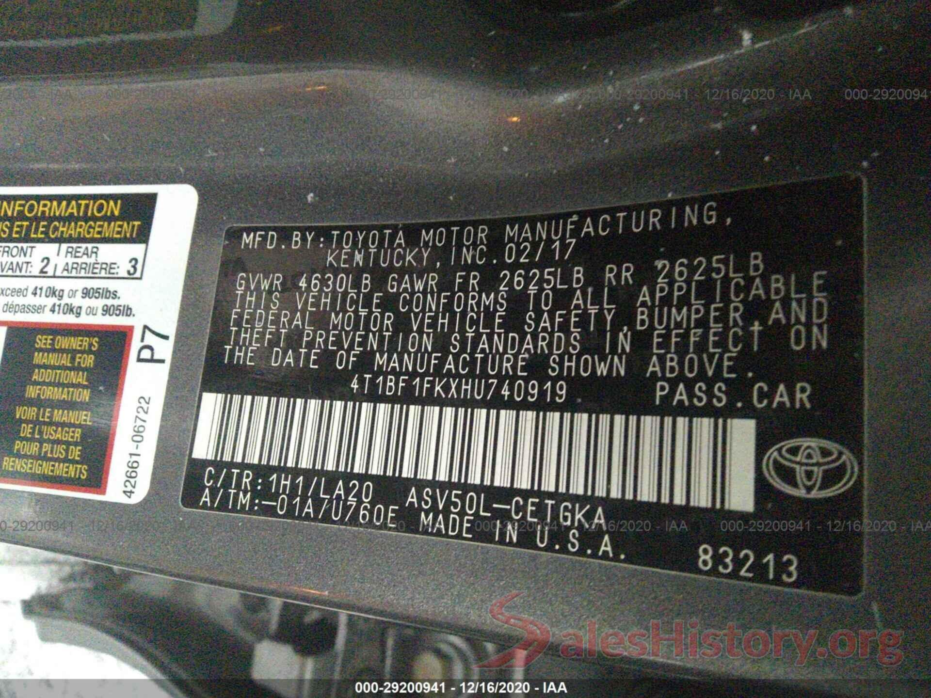 4T1BF1FKXHU740919 2017 TOYOTA CAMRY