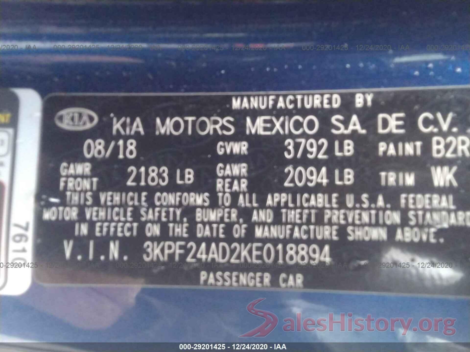 3KPF24AD2KE018894 2019 KIA FORTE