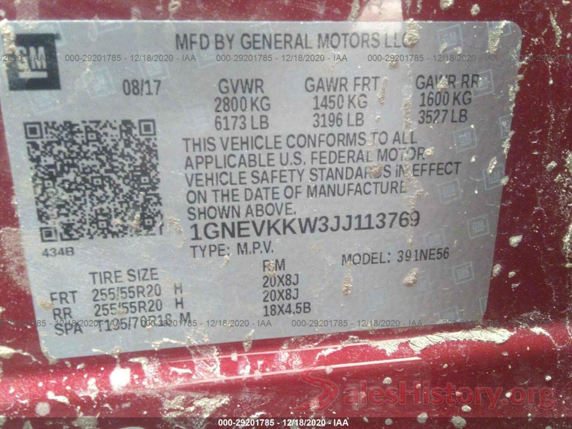 1GNEVKKW3JJ113769 2018 CHEVROLET TRAVERSE