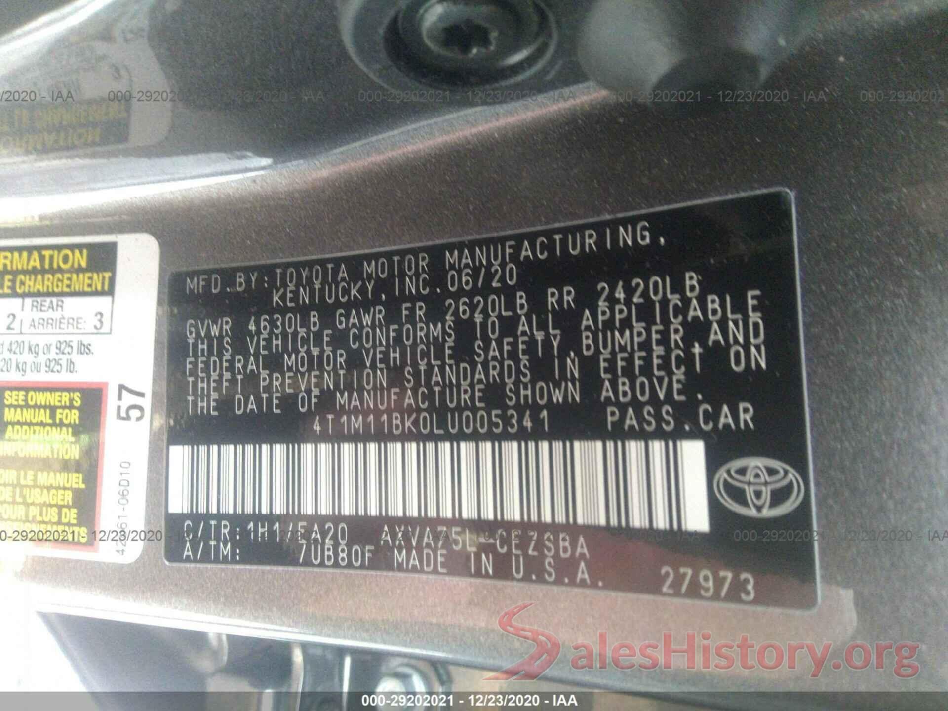 4T1M11BK0LU005341 2020 TOYOTA CAMRY