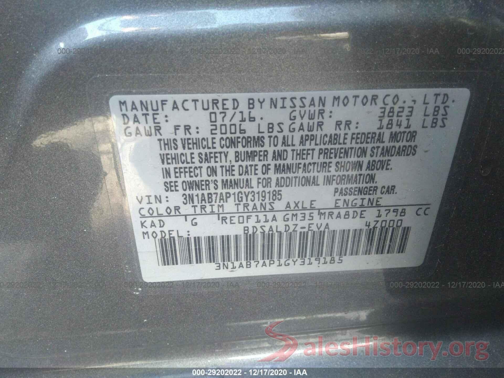 3N1AB7AP1GY319185 2016 NISSAN SENTRA