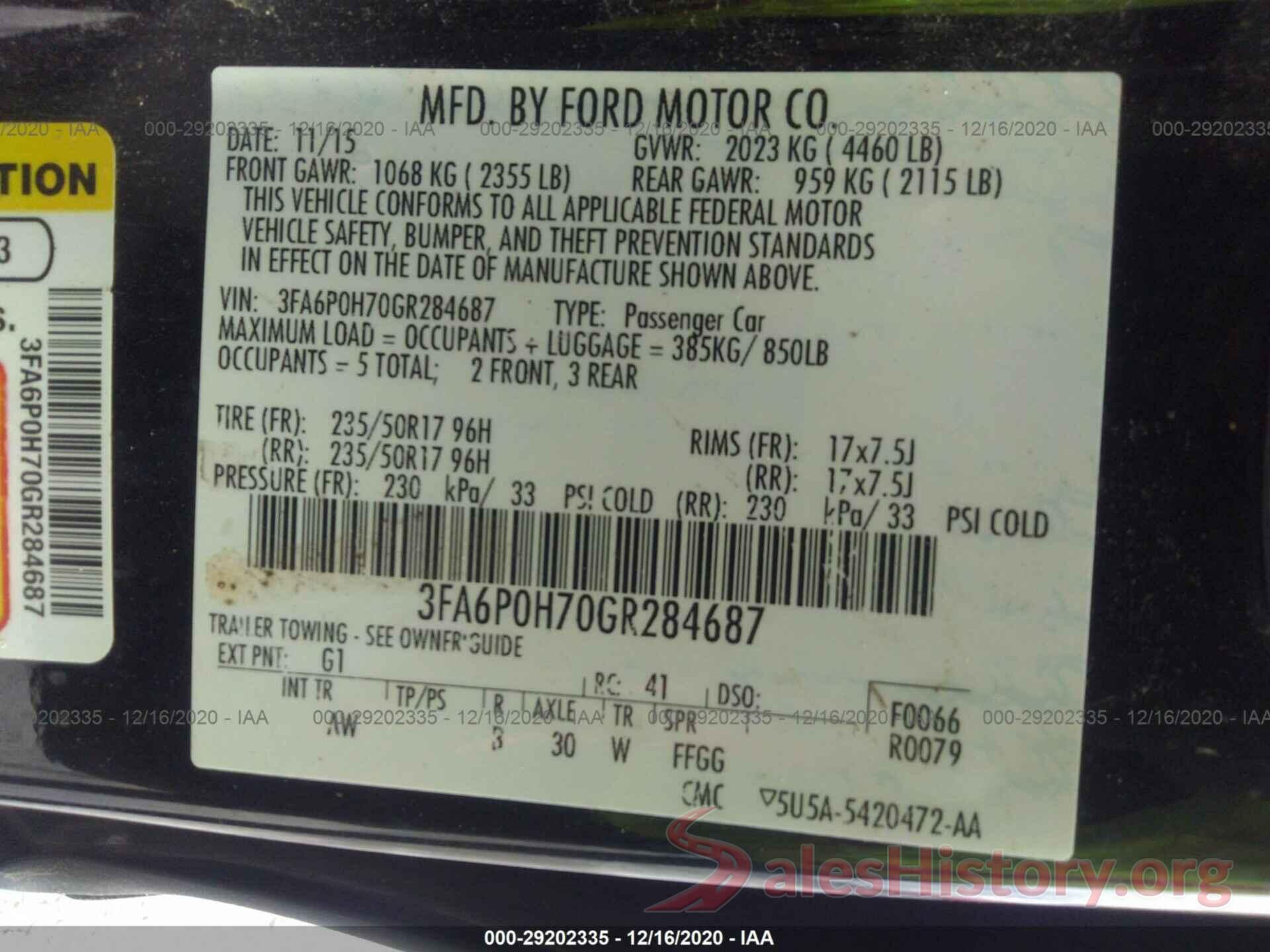 3FA6P0H70GR284687 2016 FORD FUSION