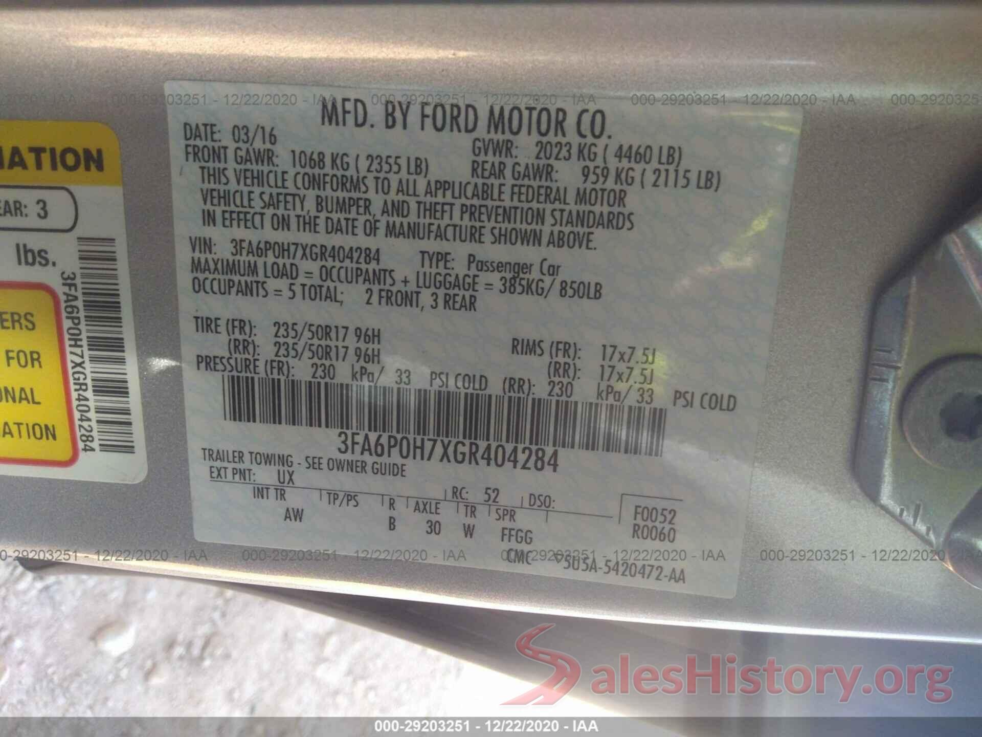 3FA6P0H7XGR404284 2016 FORD FUSION