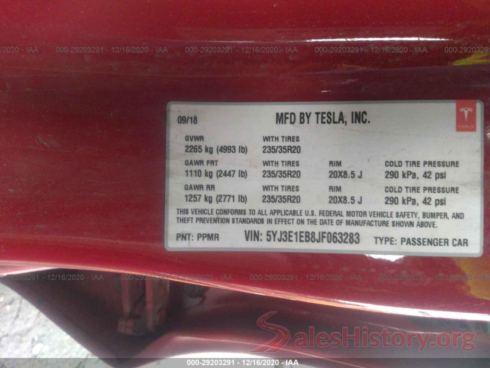 5YJ3E1EB8JF063283 2018 TESLA MODEL 3