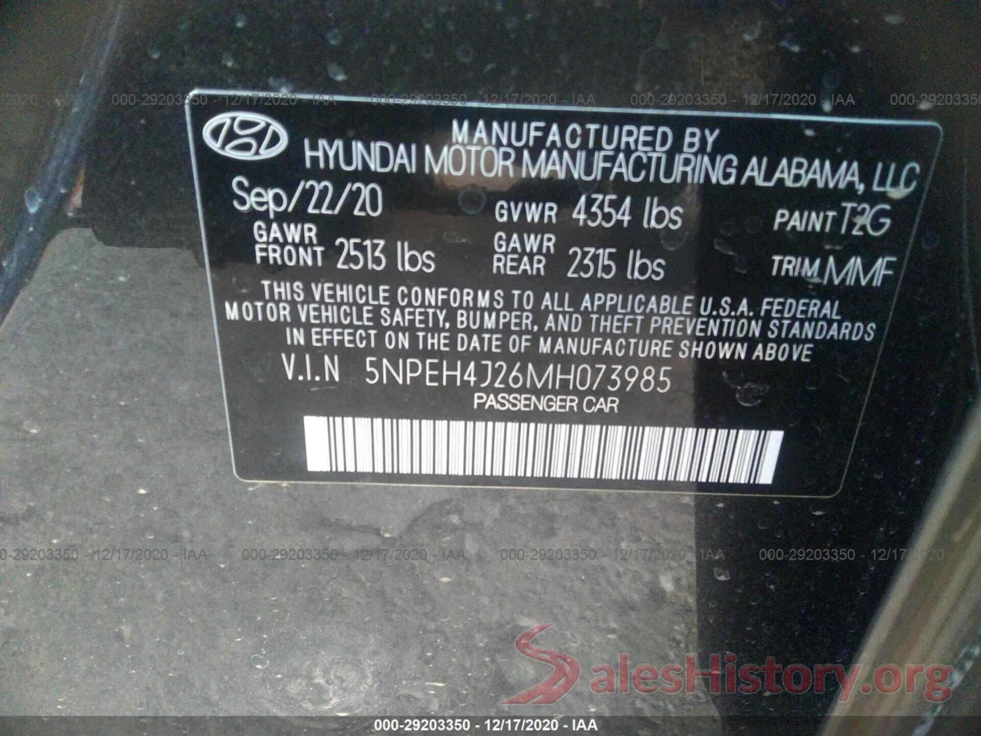 5NPEH4J26MH073985 2021 HYUNDAI SONATA